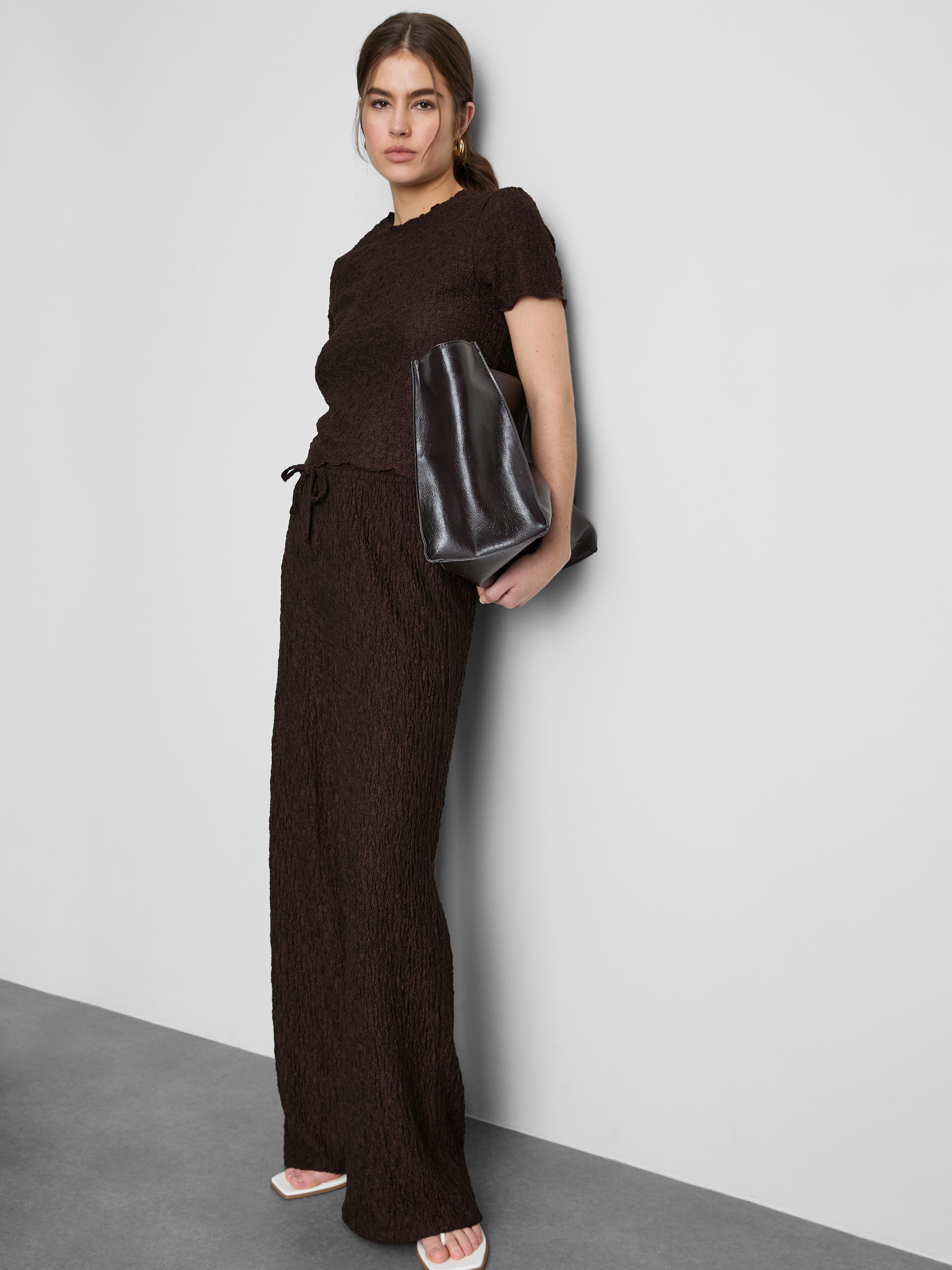 Calças enrugadas cordão corte direito Chocolate