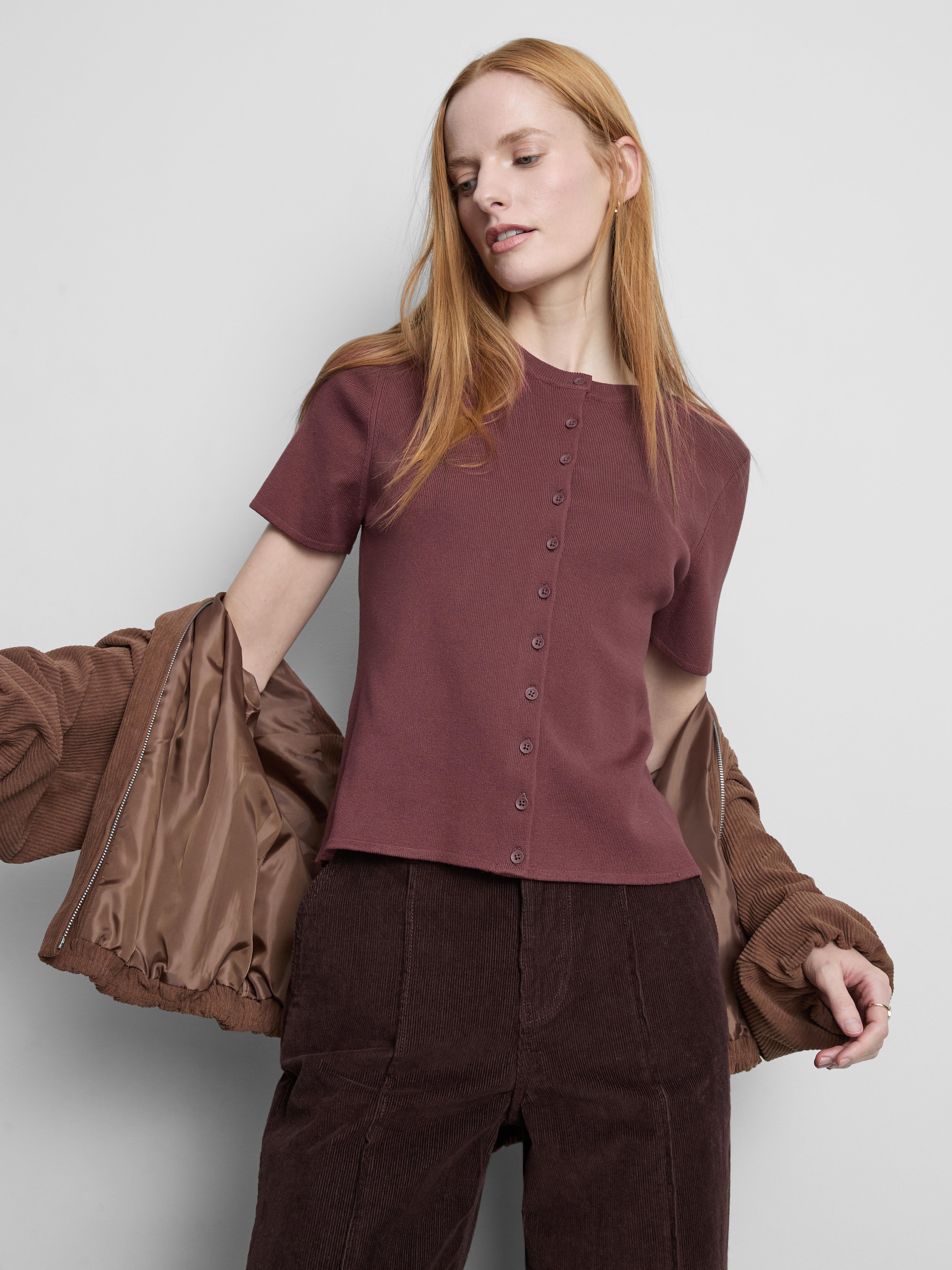 Women's Maroon Short Sleeve Cardigan