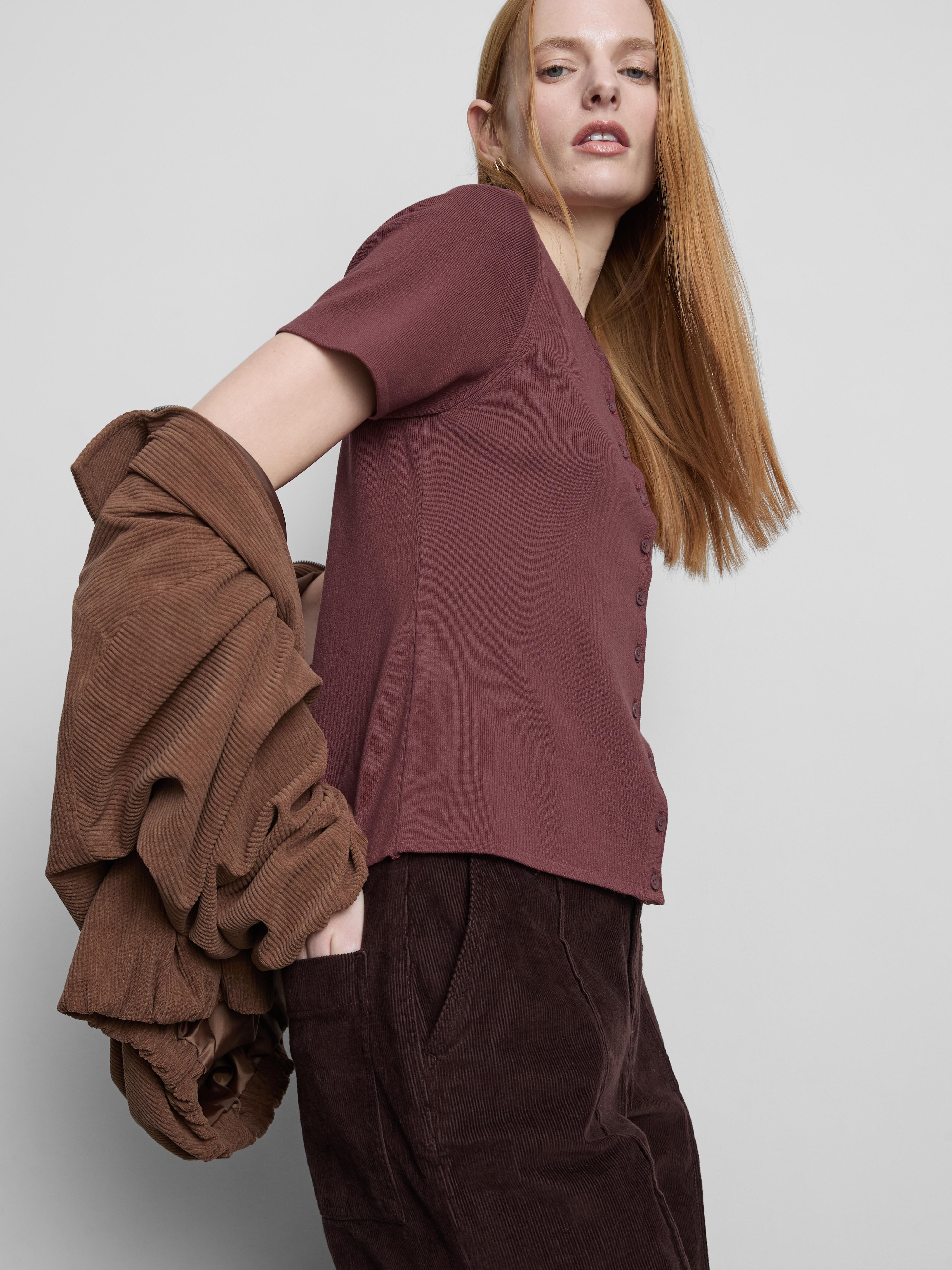 Women's Maroon Short Sleeve Cardigan