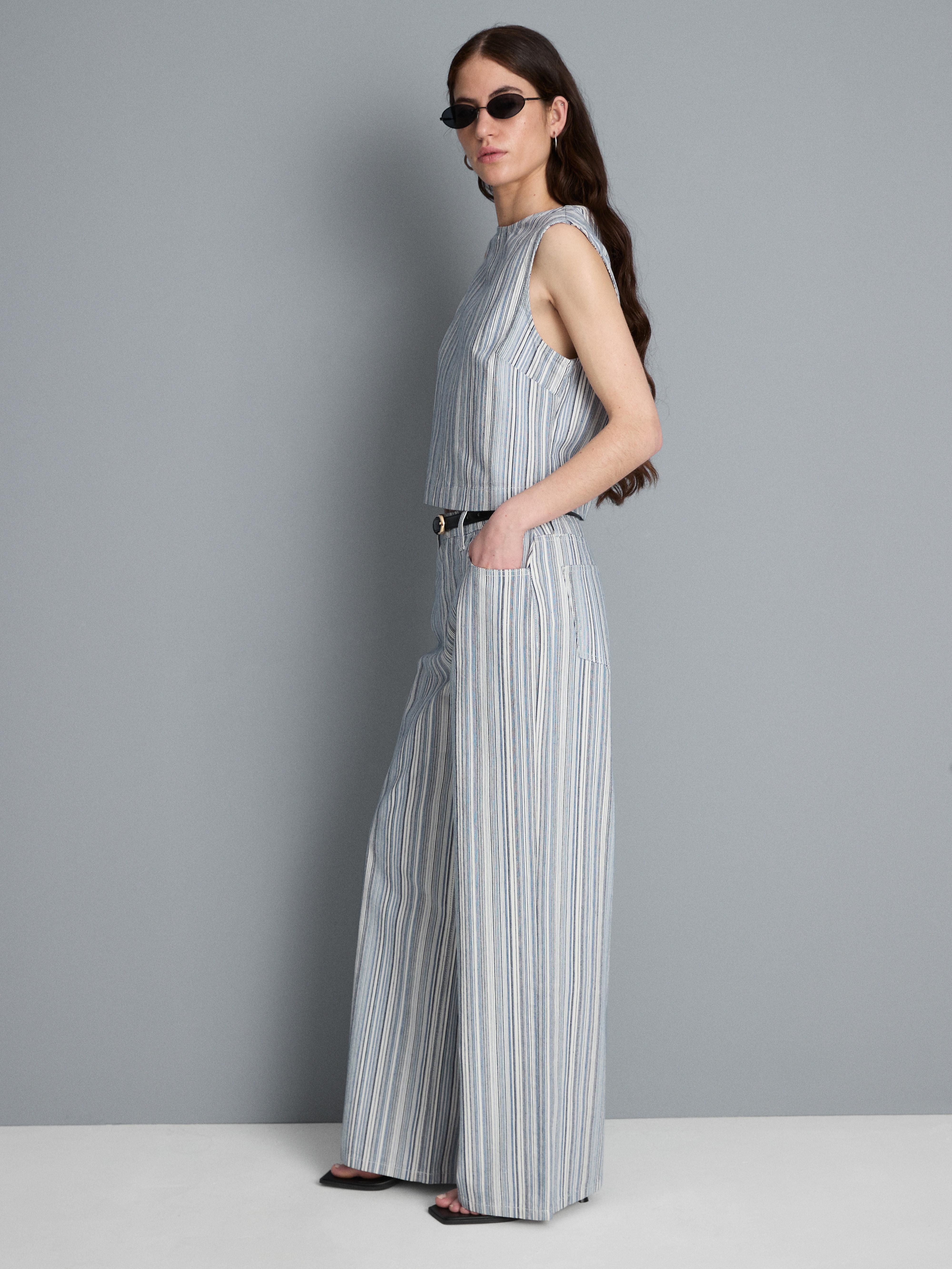 Cotton Denim Pinstripe Straight Leg Jeans