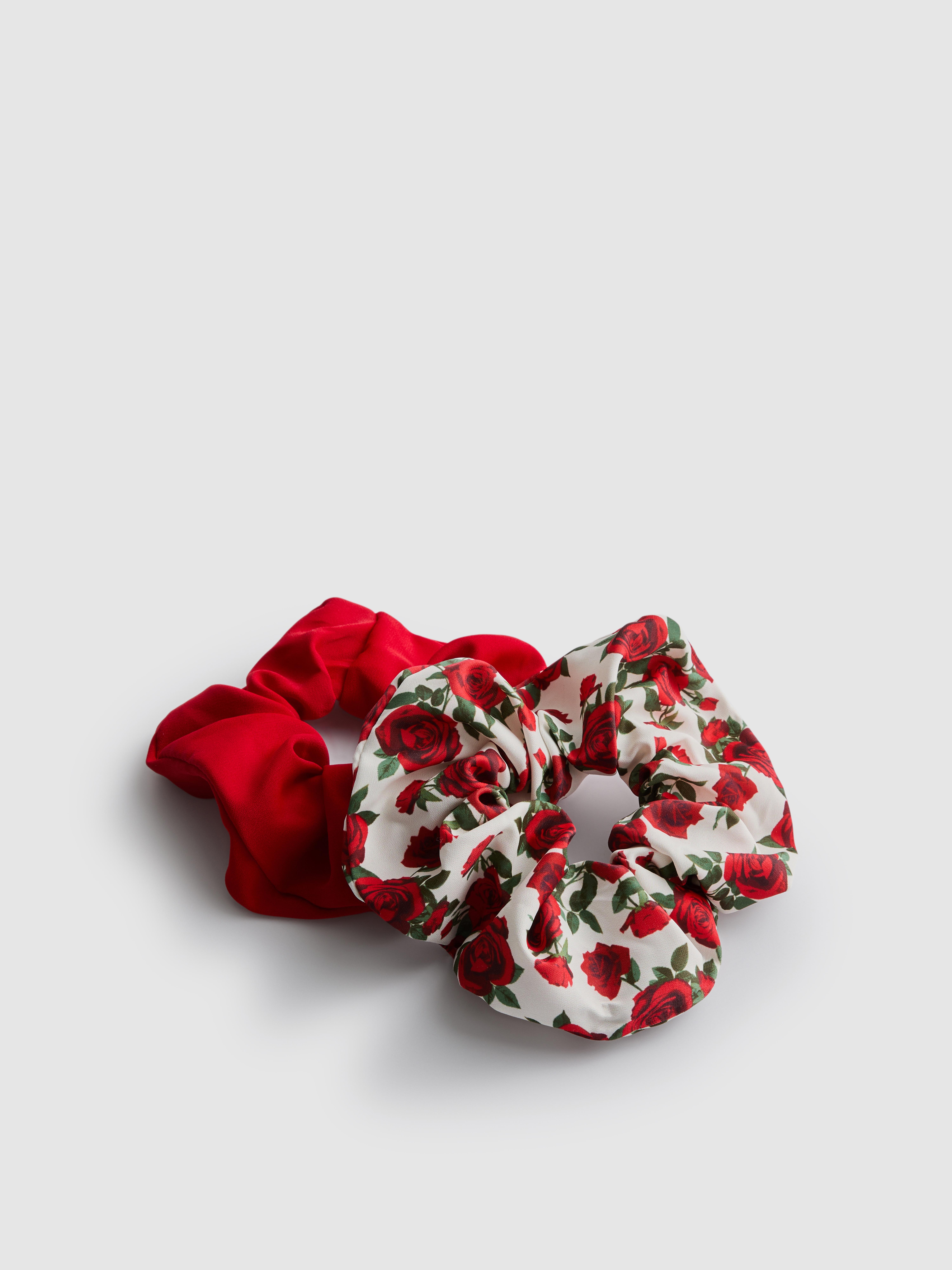 Women's Light Red 2pk Rose Print Hair Scrunchies