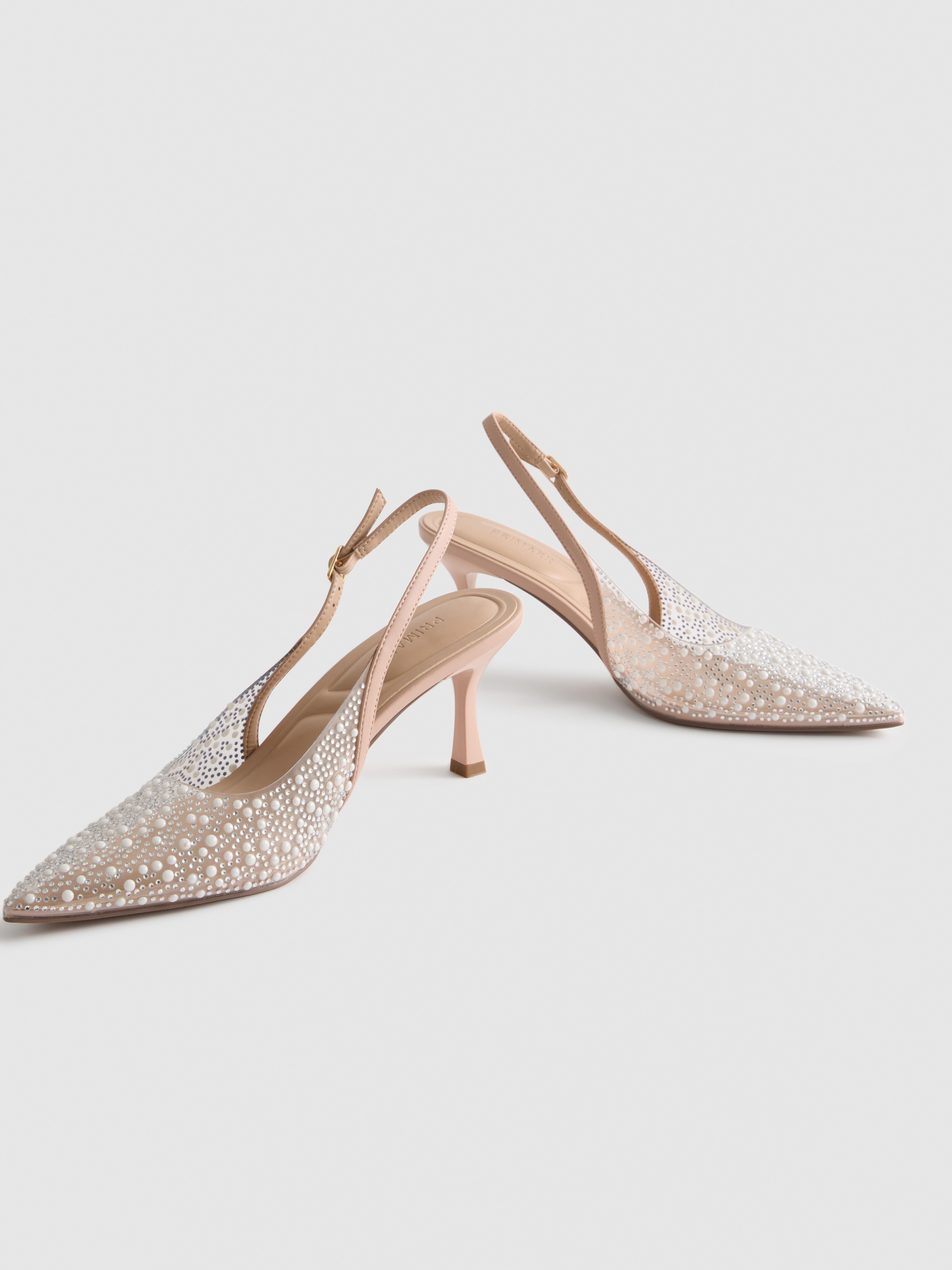 Sapatos salto tira calcanhar imitação pérola brilhos