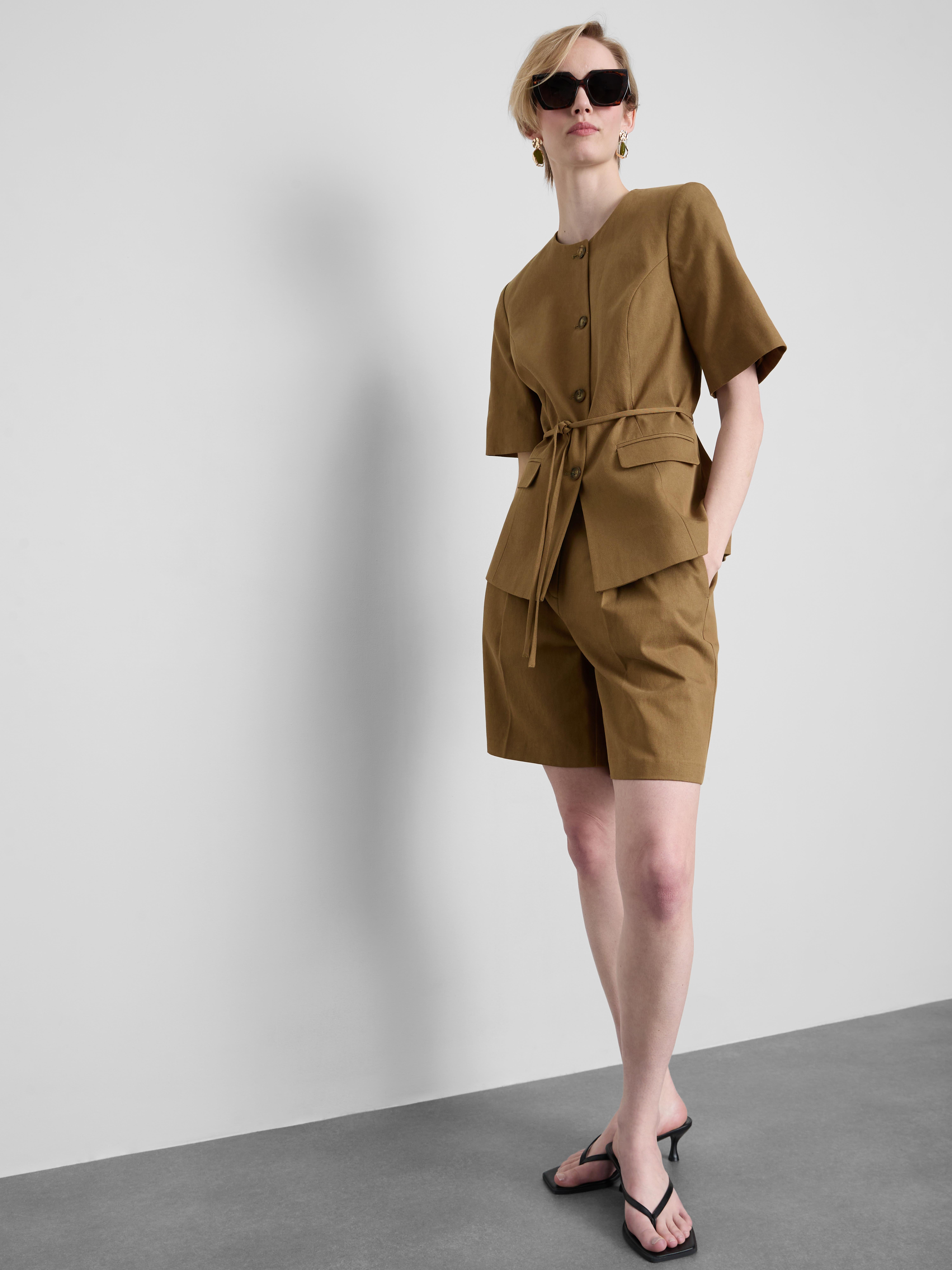 Cotton Blend Belted Safari Blazer
