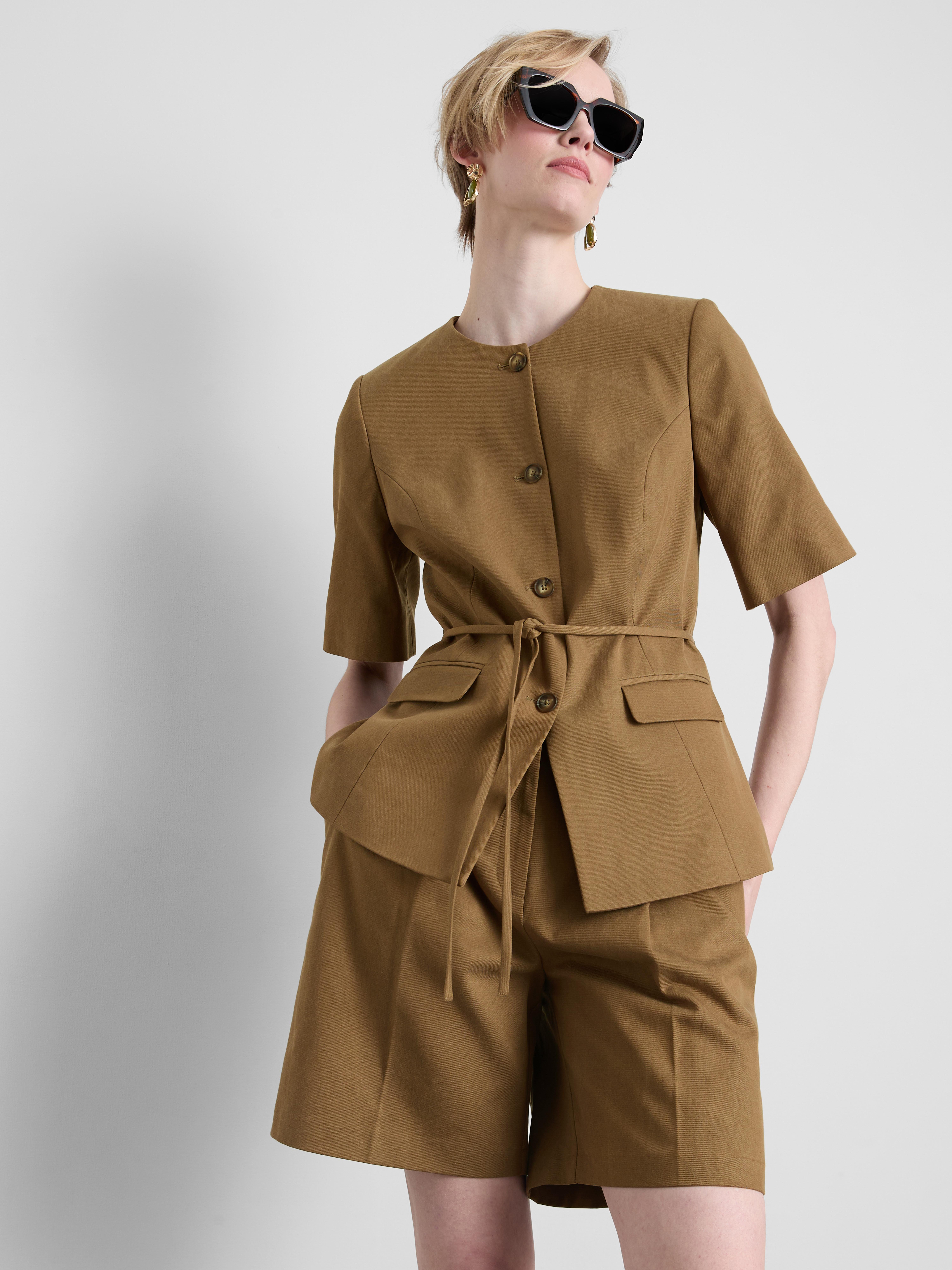 Cotton Blend Belted Safari Blazer
