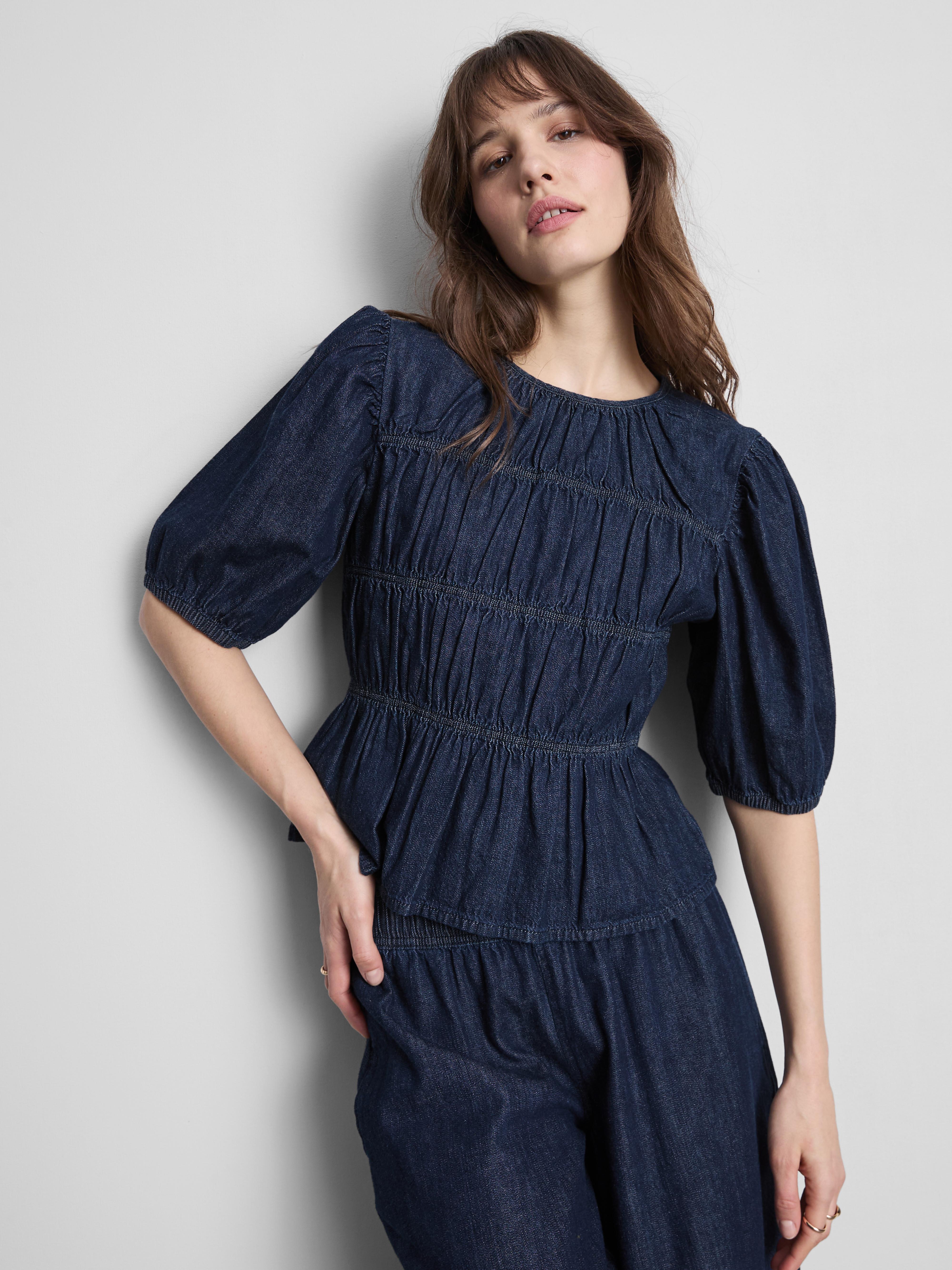 Shirred Balloon-Sleeve Denim Top