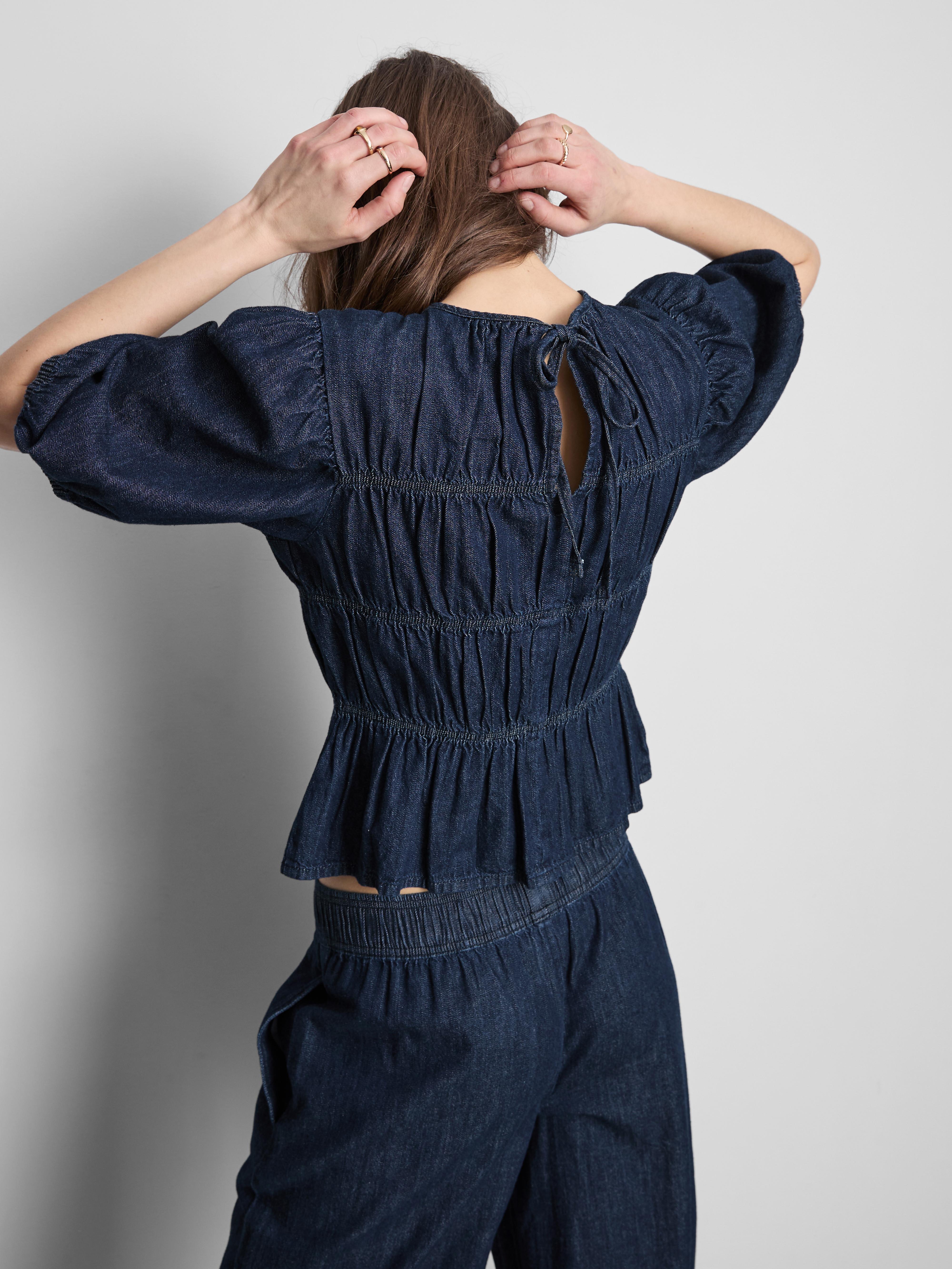 Shirred Balloon-Sleeve Denim Top