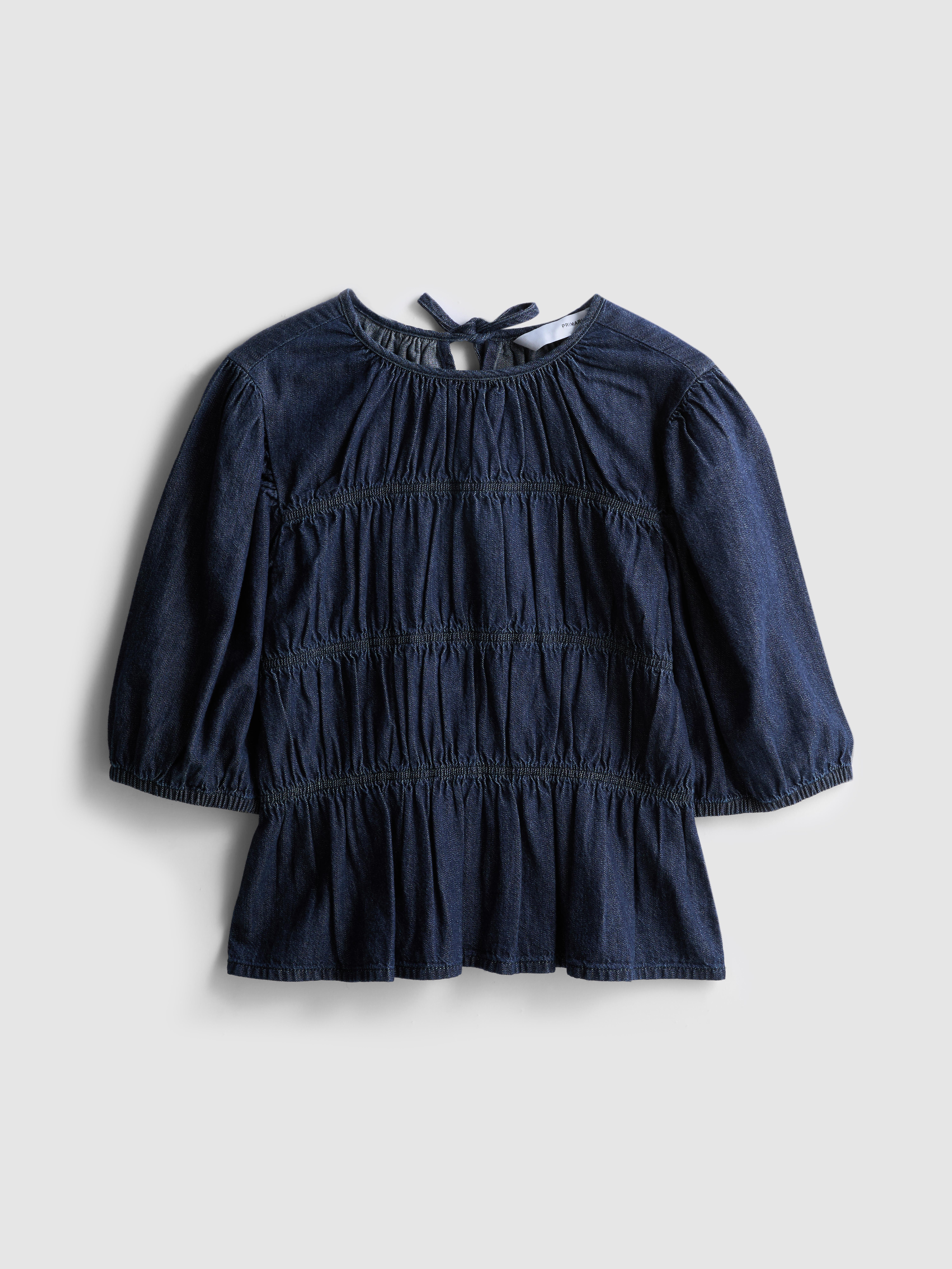 Shirred Balloon-Sleeve Denim Top