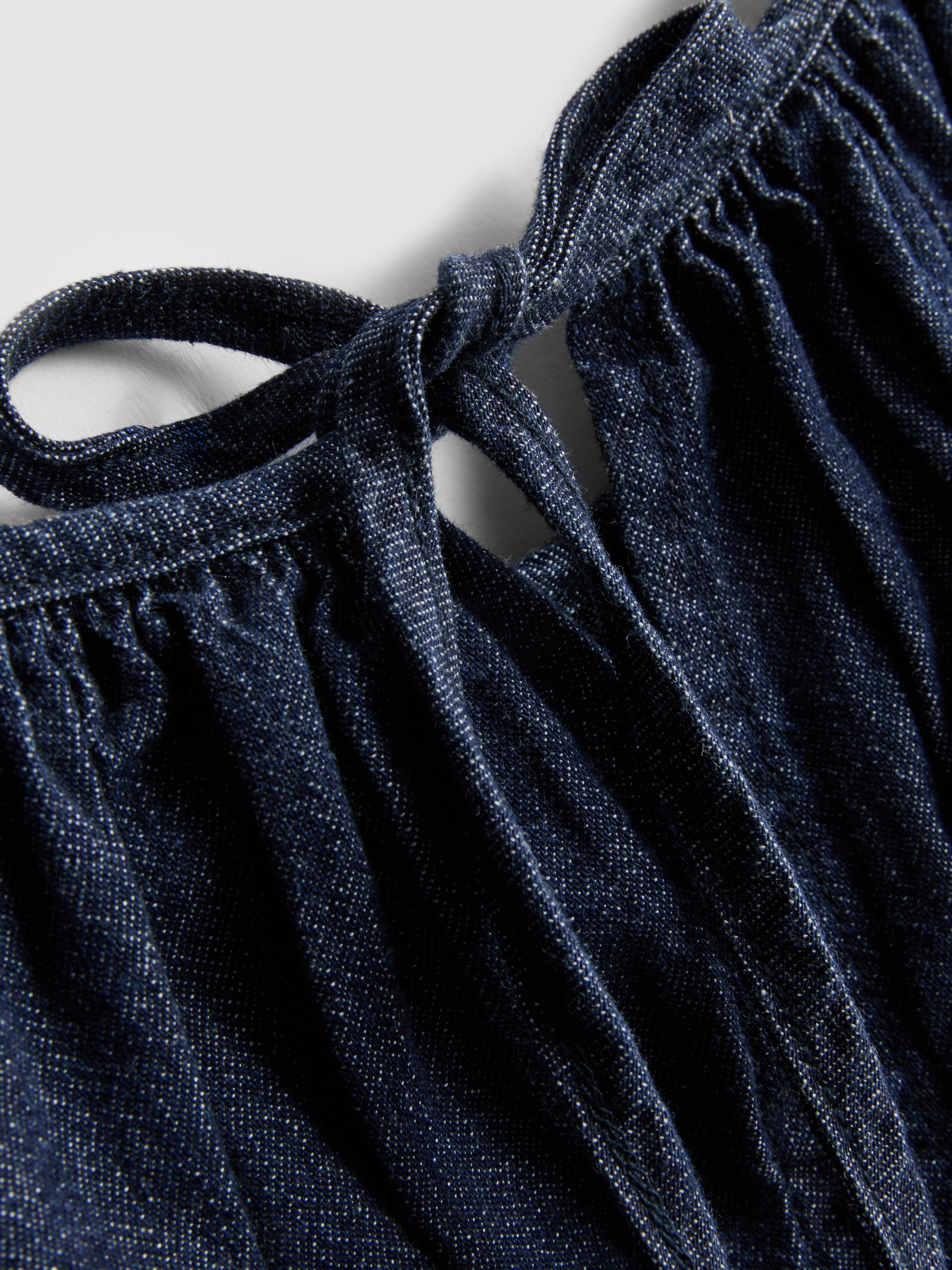 Shirred Balloon-Sleeve Denim Top