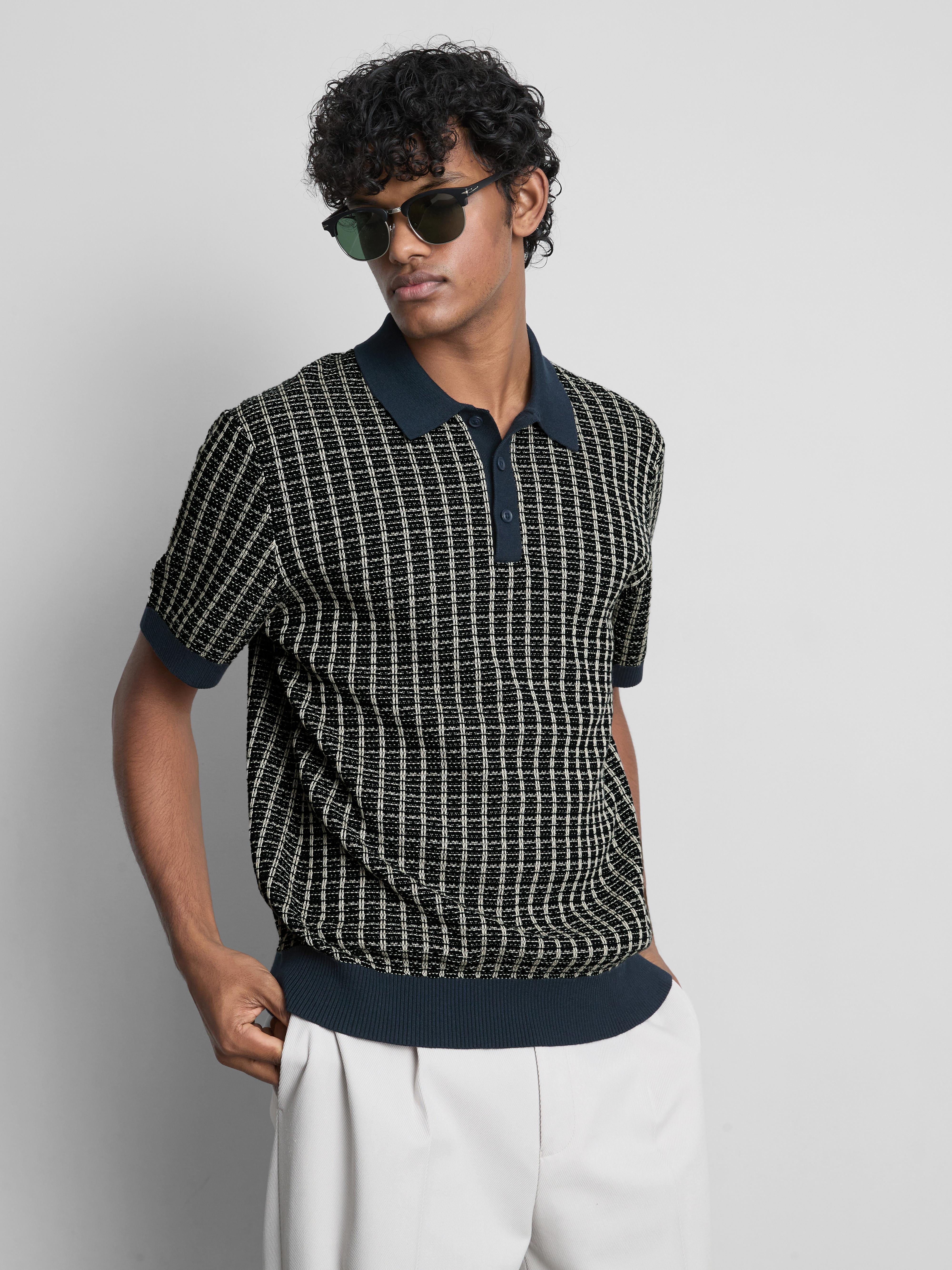 Men's Navy Knitted Check Polo Shirt | Primark