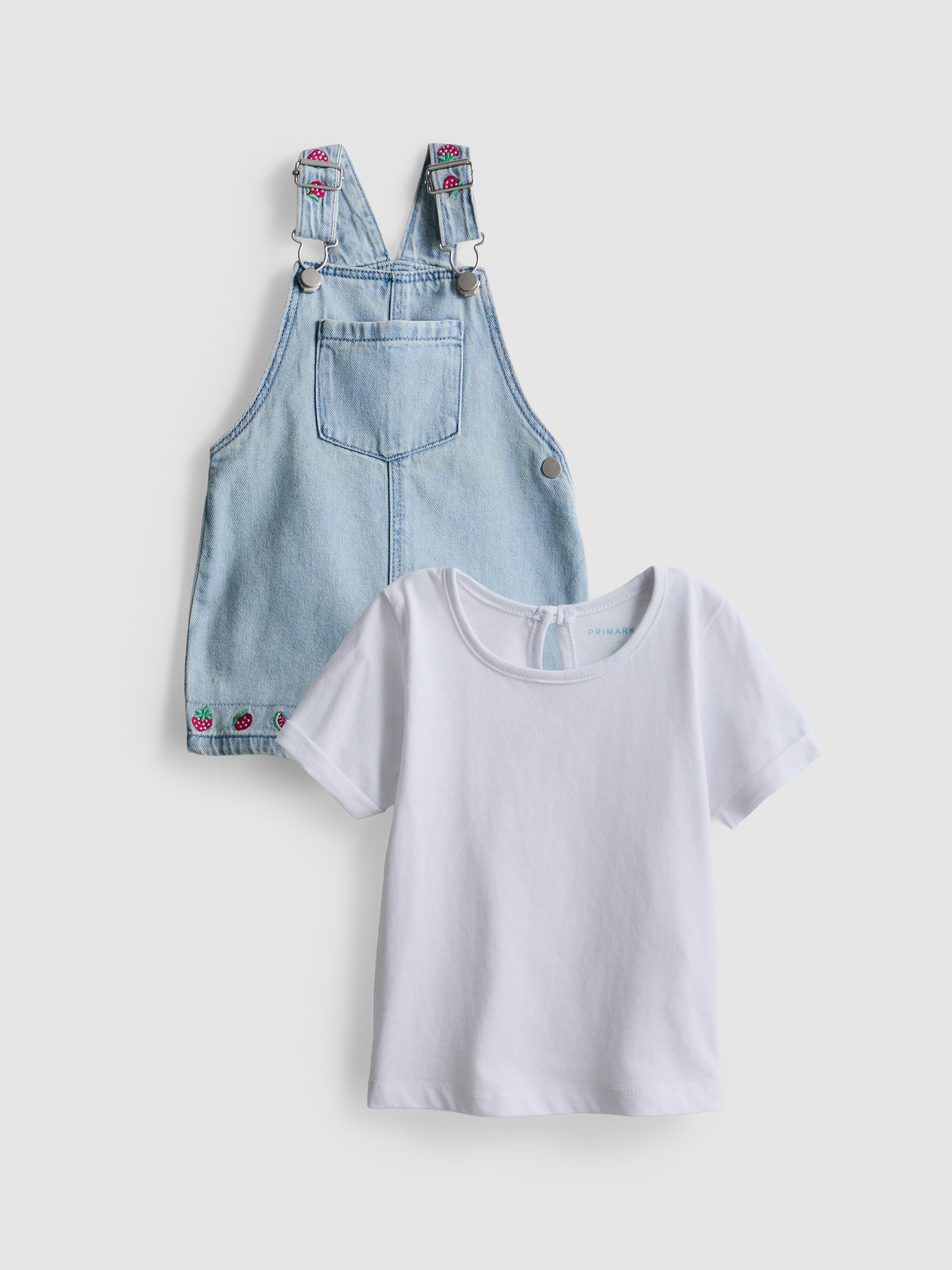 0-36mths | T-Shirt and Fruit Embroidered Dungarees Set