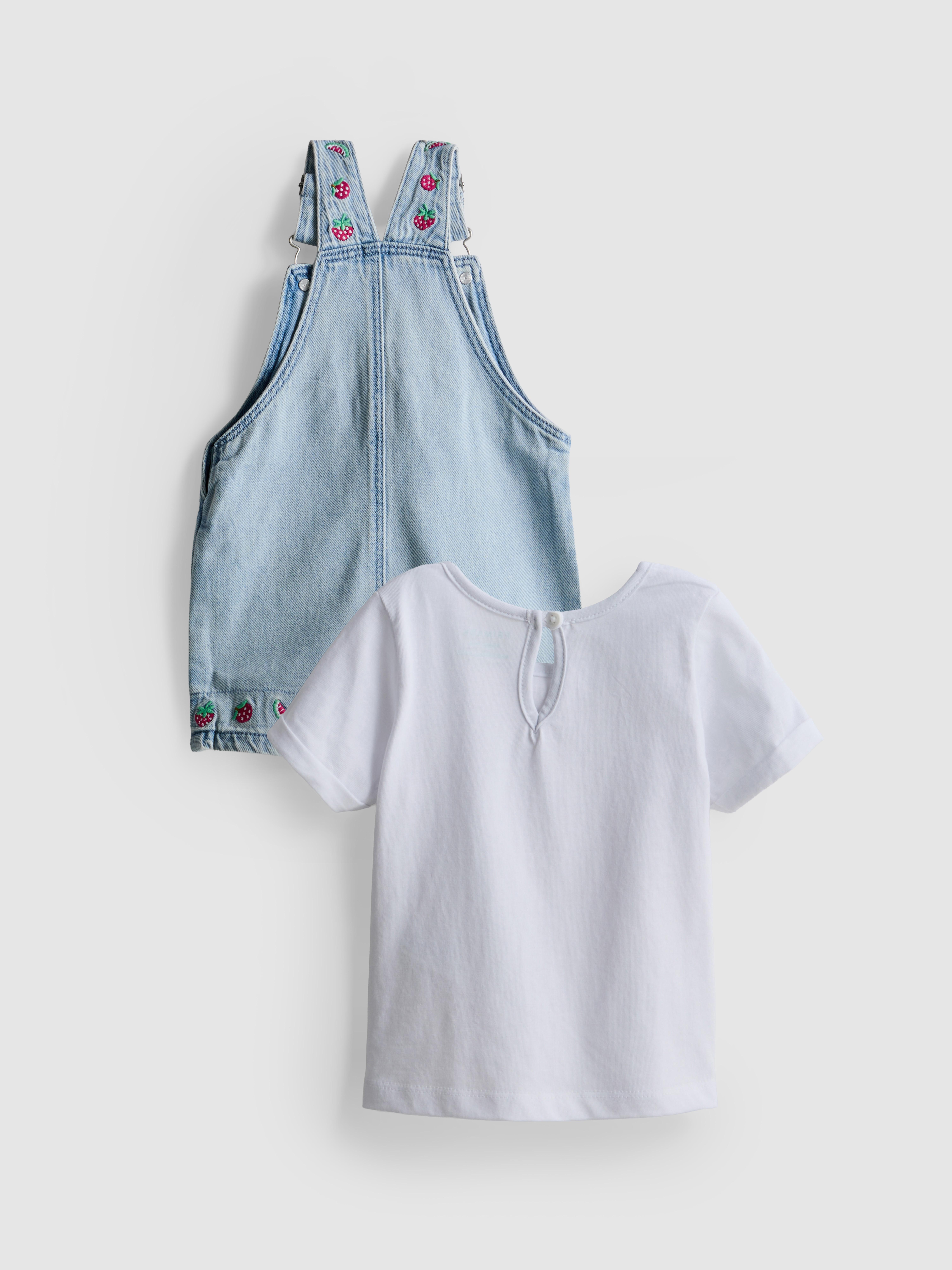 0-36mths | T-Shirt and Fruit Embroidered Dungarees Set