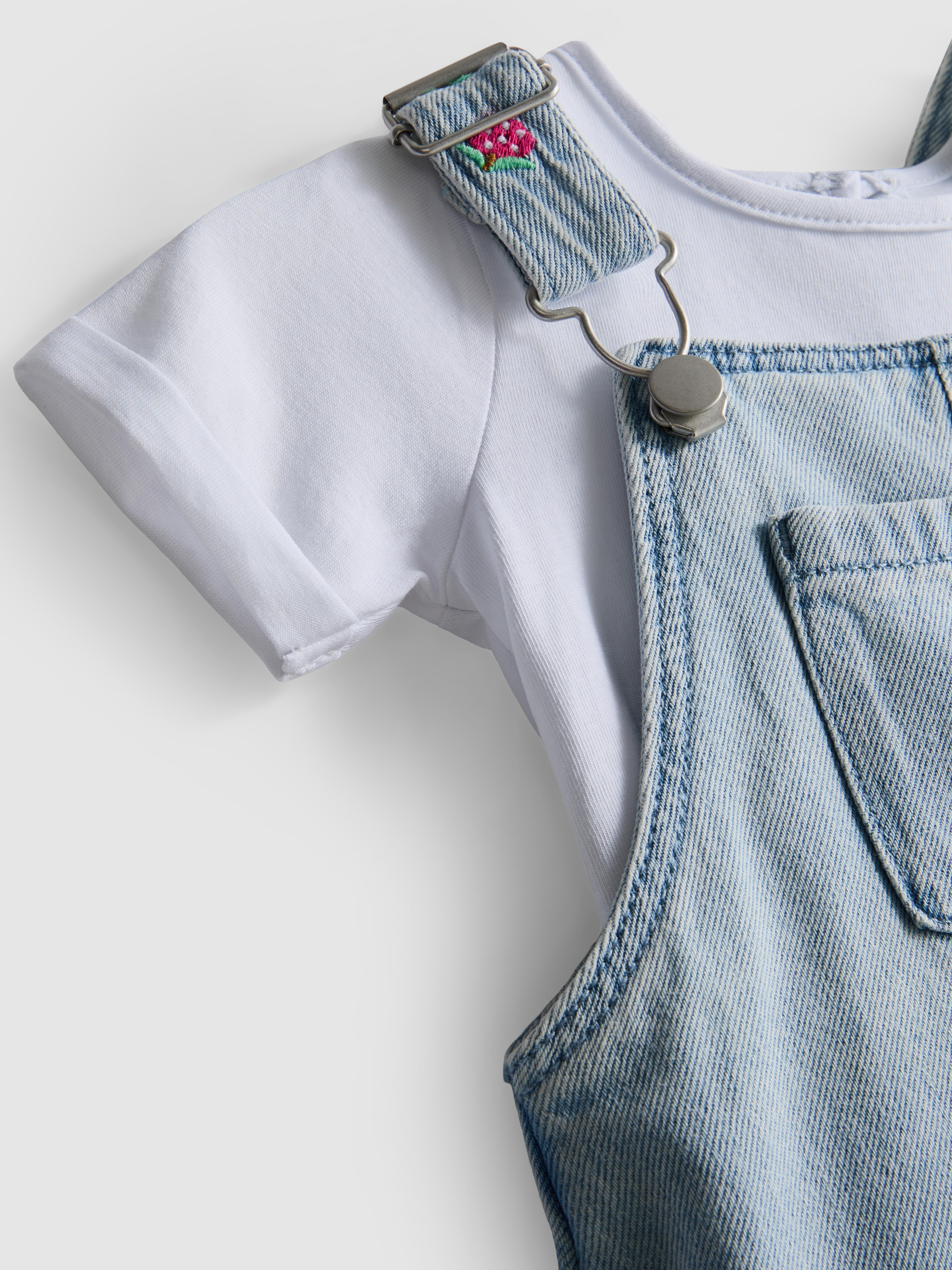 0-36mths | T-Shirt and Fruit Embroidered Dungarees Set