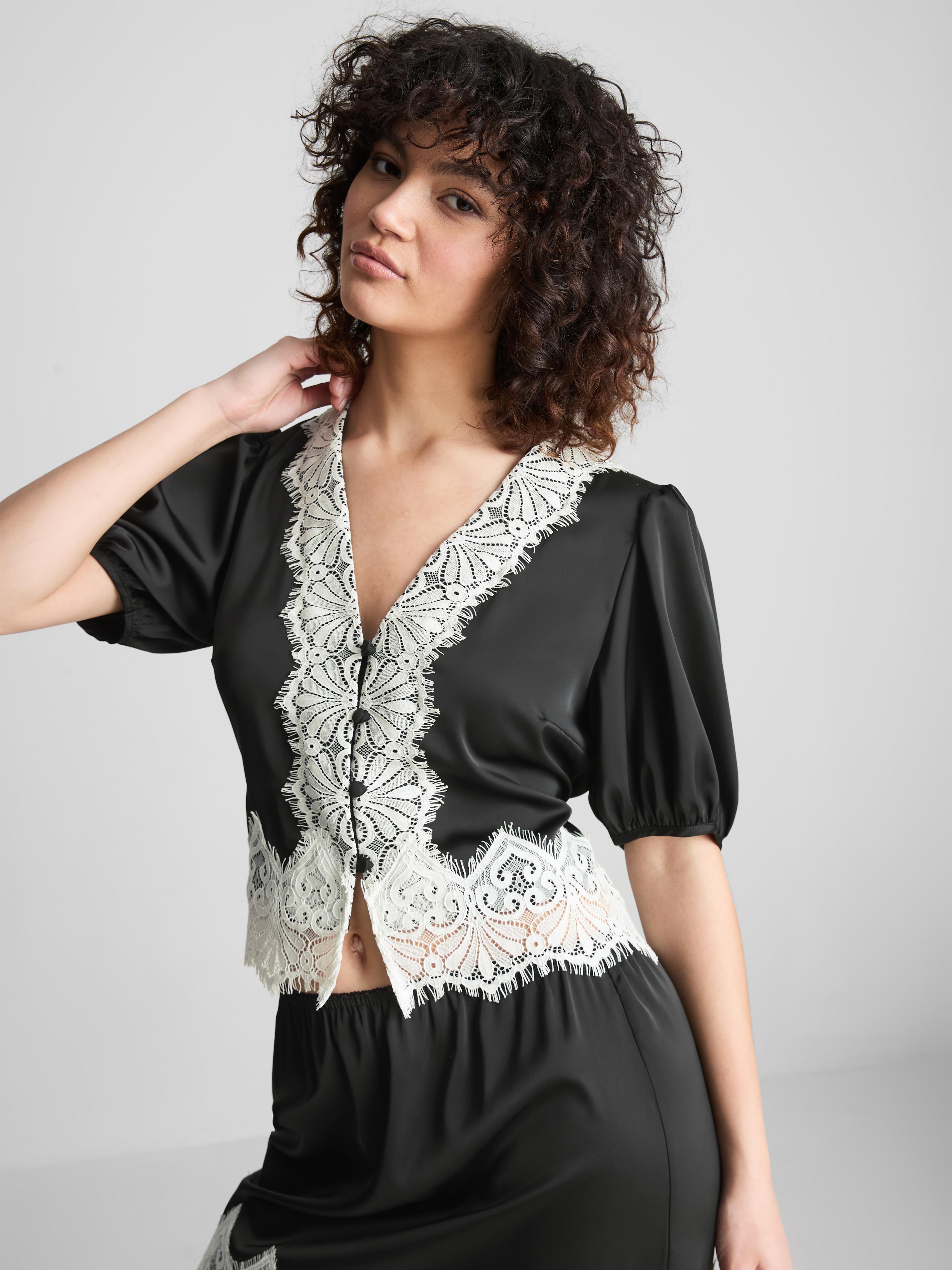 Women's Black Lace Detail Satin Blouse