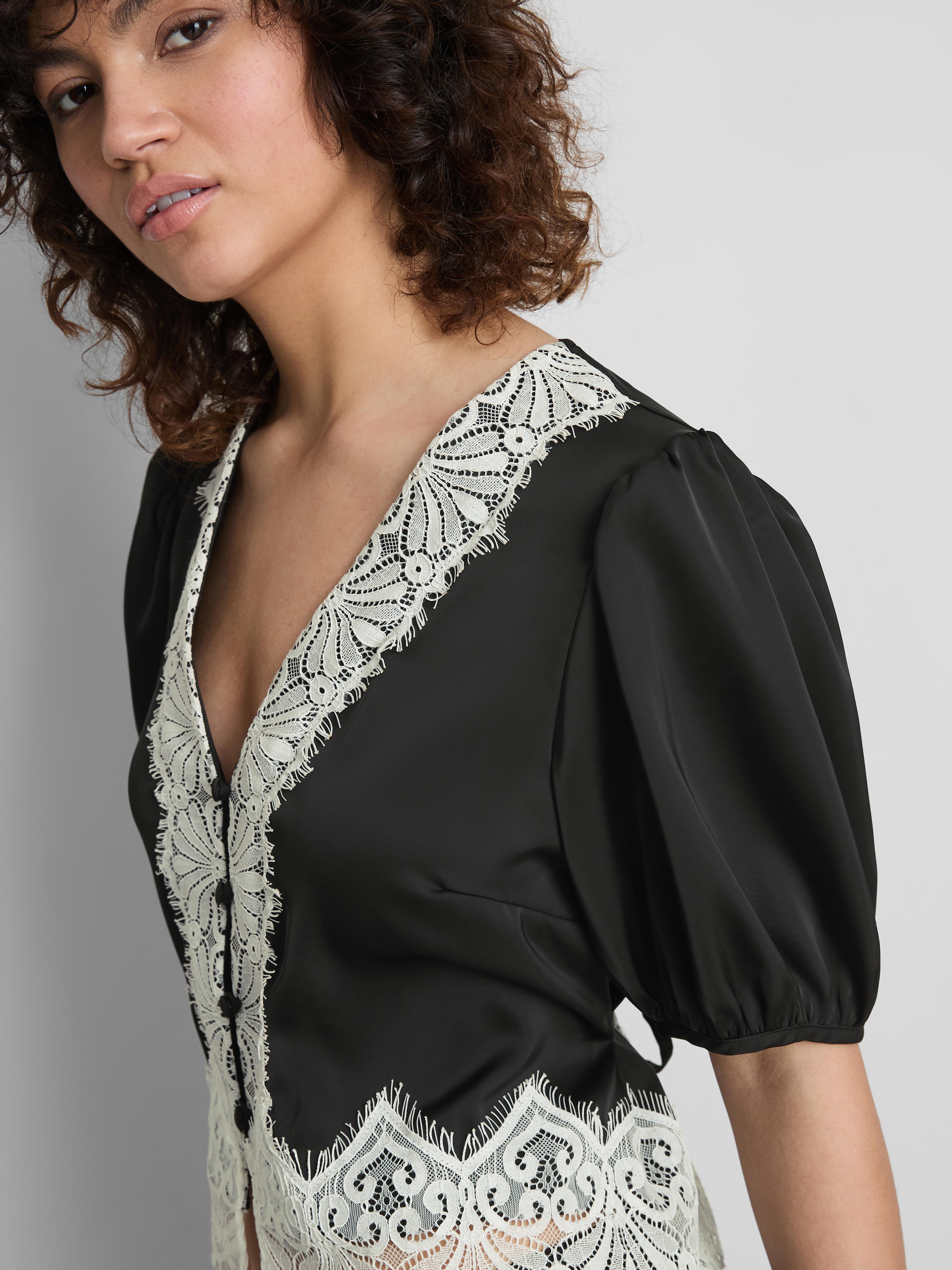 Women's Black Lace Detail Satin Blouse