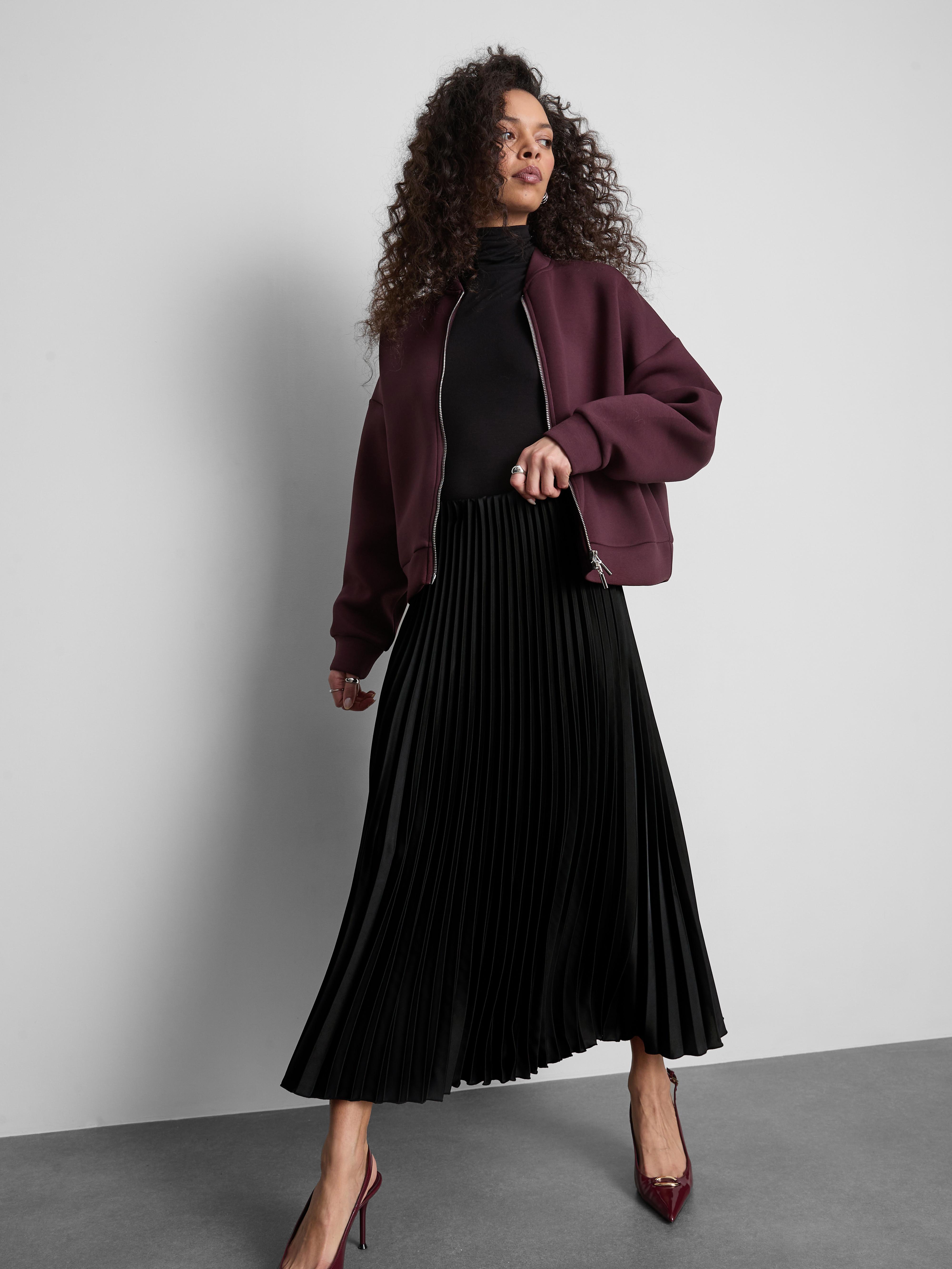 Women's Black Satin Pleated Midi Skirt