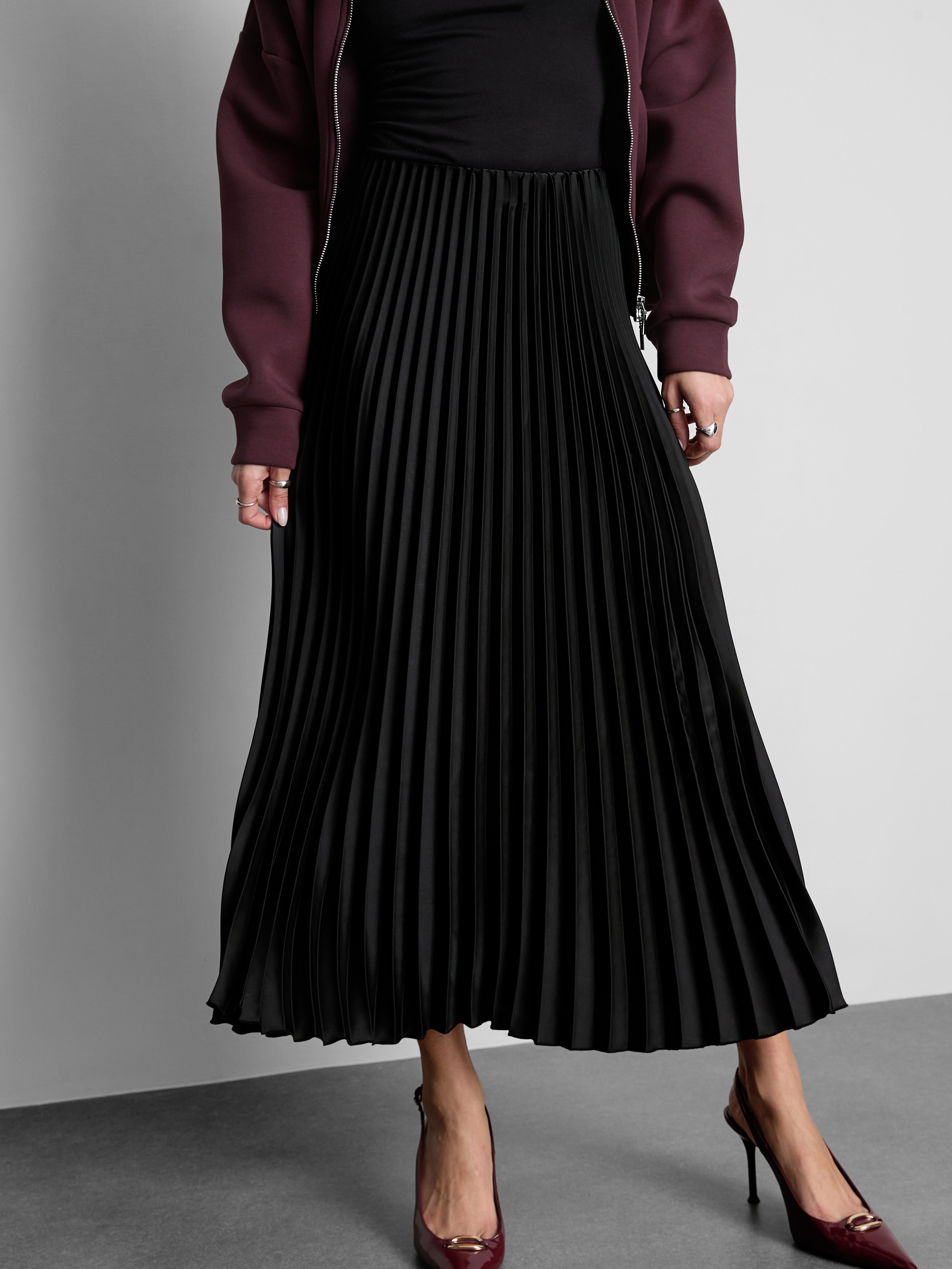 Women's Black Satin Pleated Midi Skirt