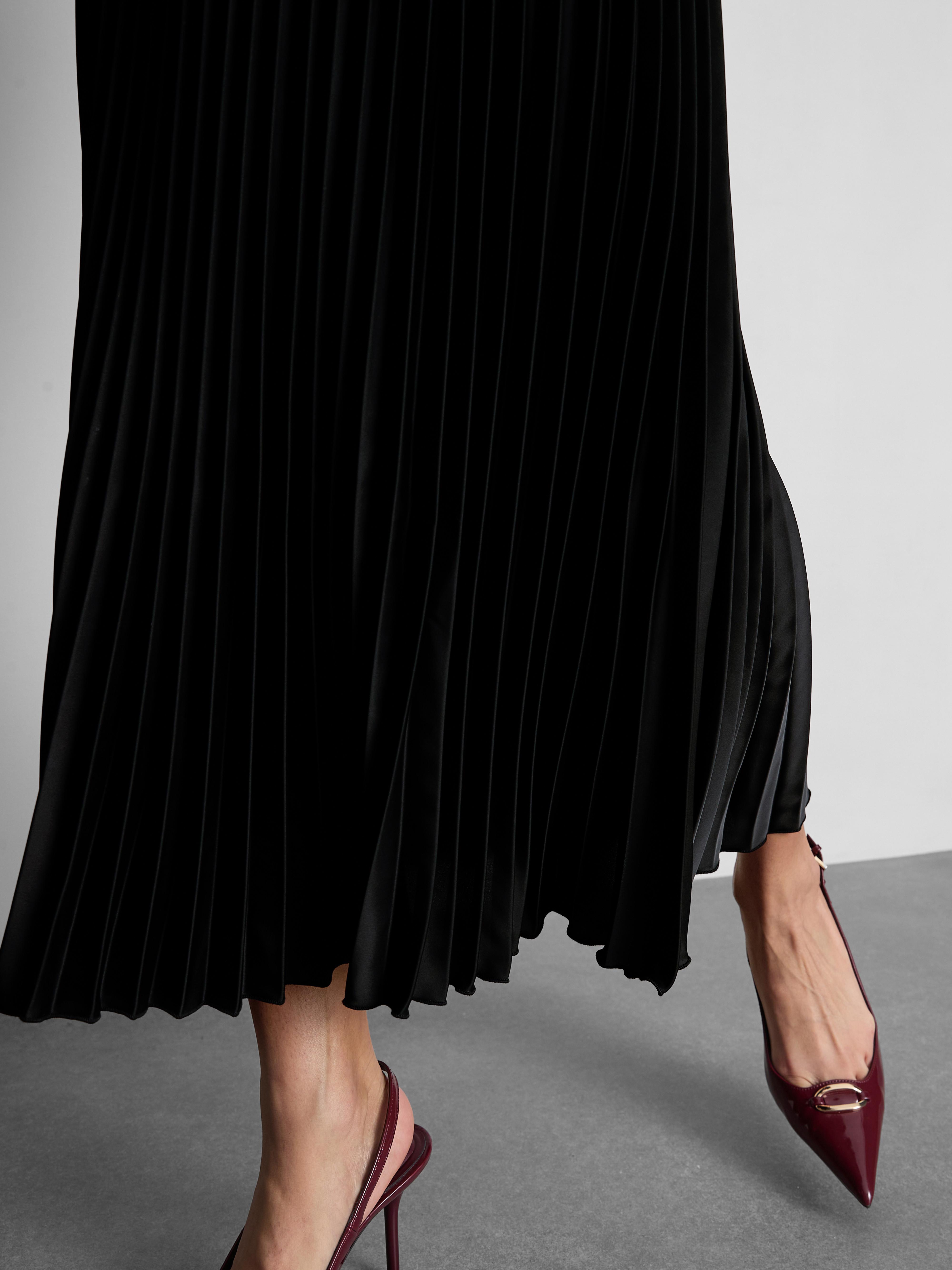 Women's Black Satin Pleated Midi Skirt