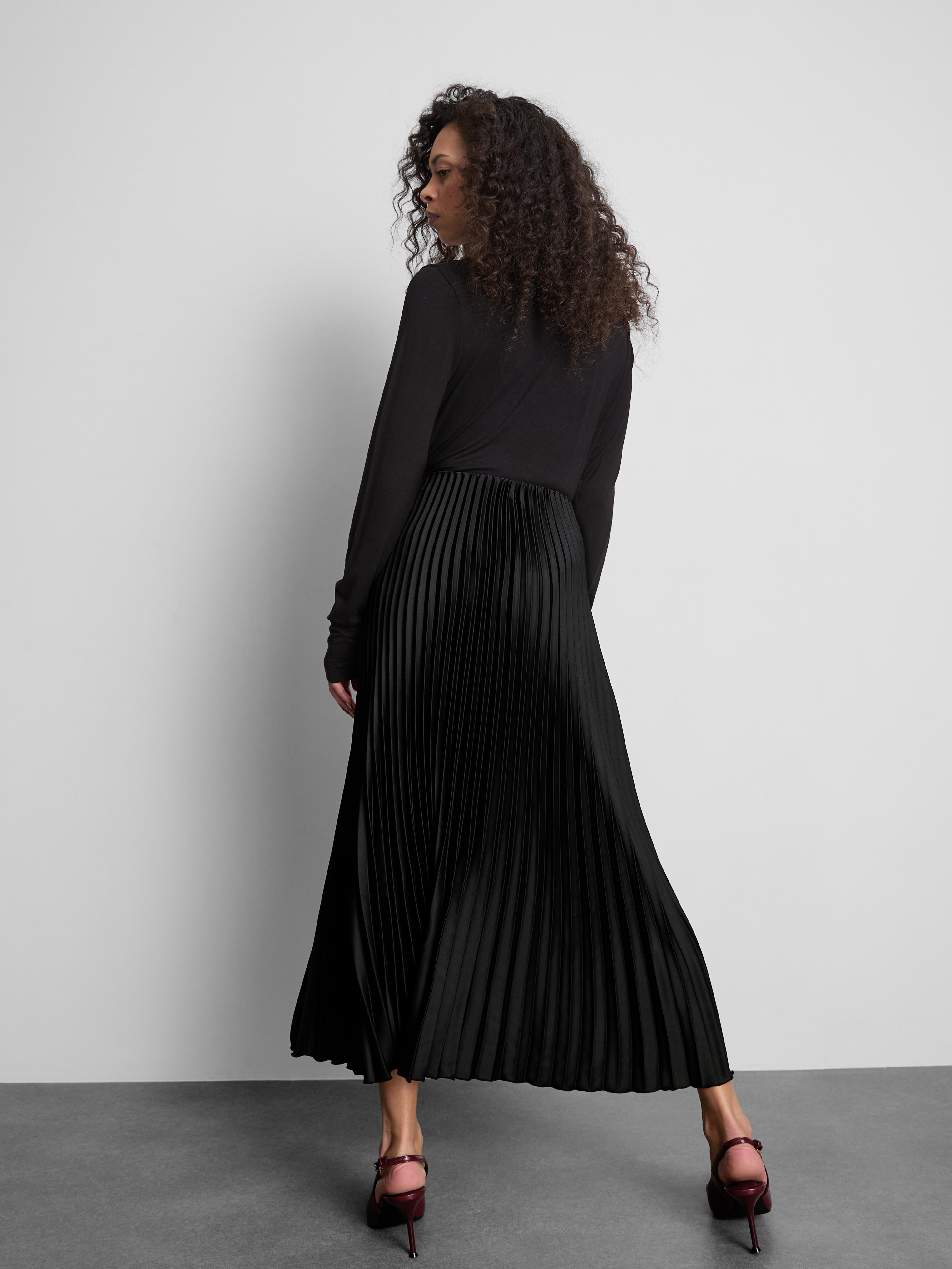 Women's Black Satin Pleated Midi Skirt