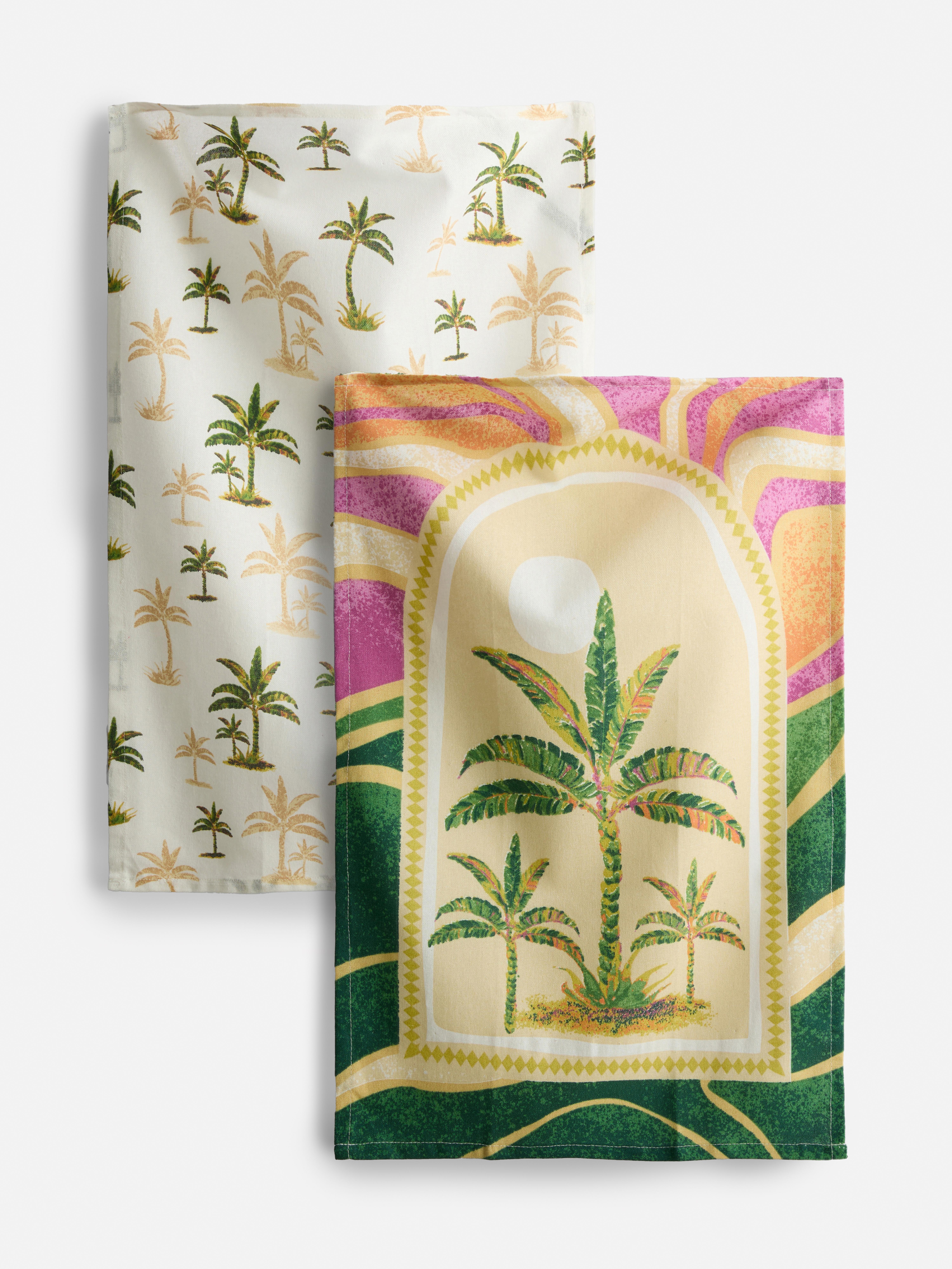 2pk Printed Tea Towel Green