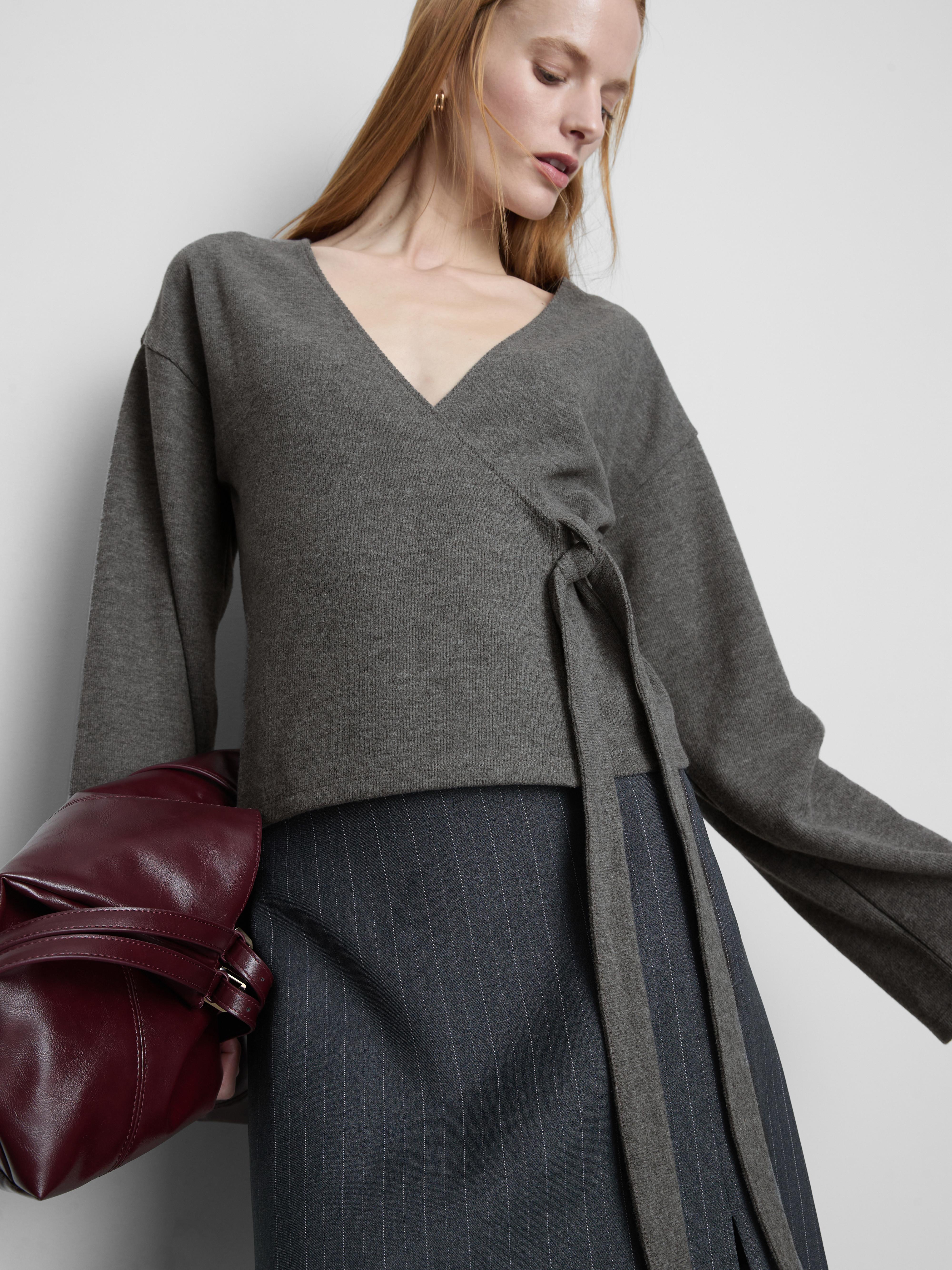 Women's Gray Heather Wrap Bell Sleeve Cardigan