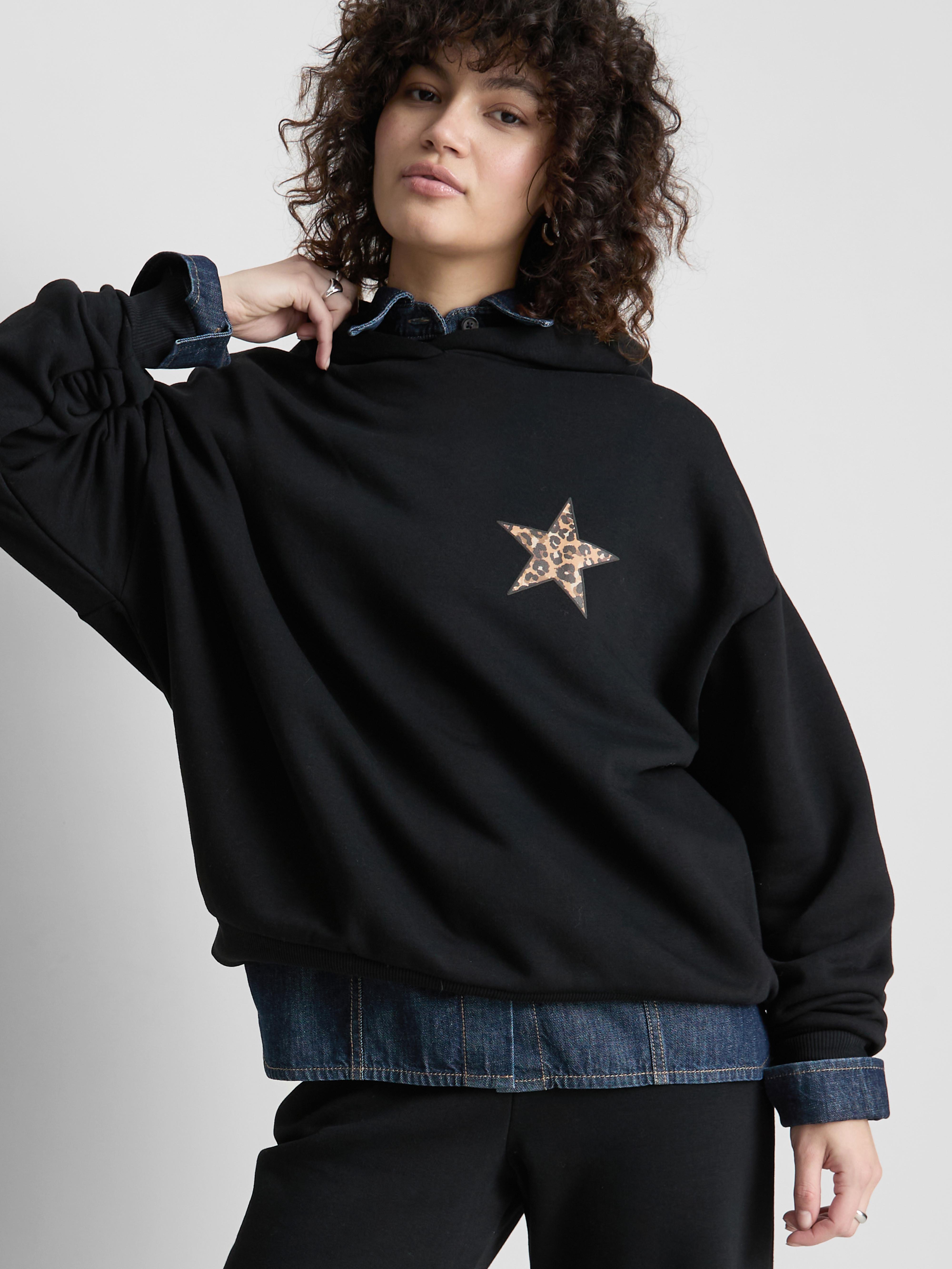 Women's Black Cotton-Blend Leopard Star Hoodie