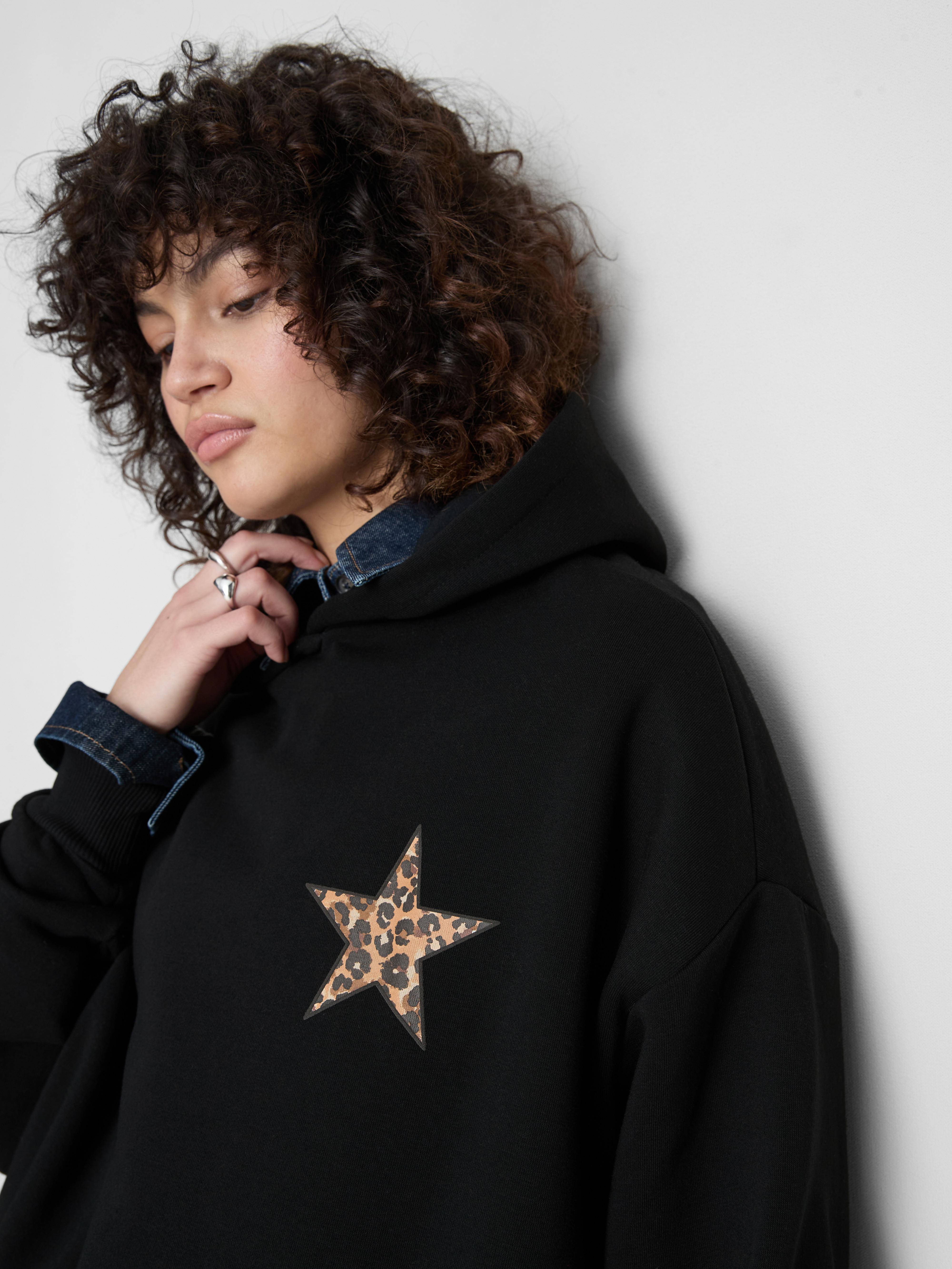 Women's Black Cotton-Blend Leopard Star Hoodie