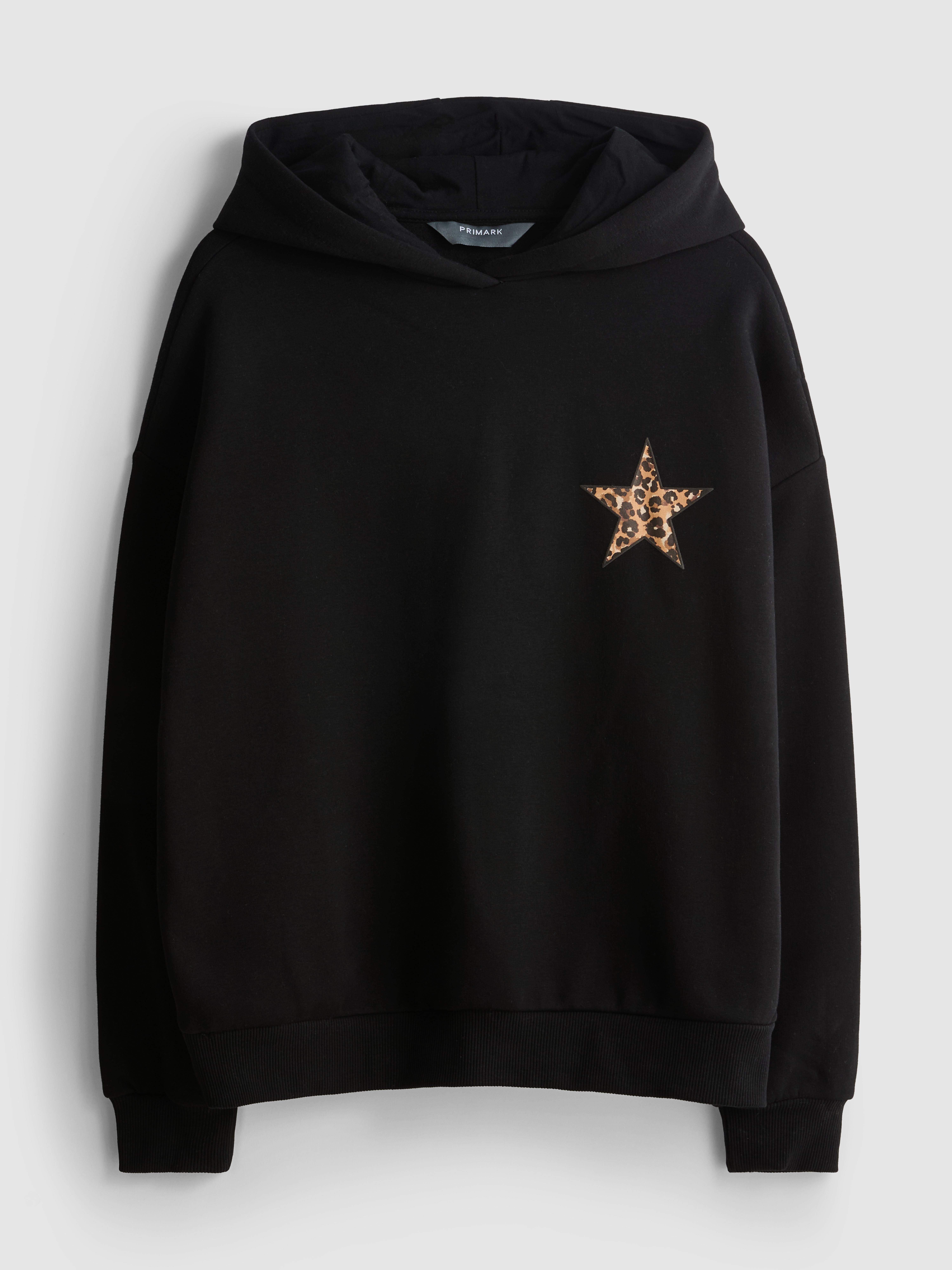 Women's Black Cotton-Blend Leopard Star Hoodie