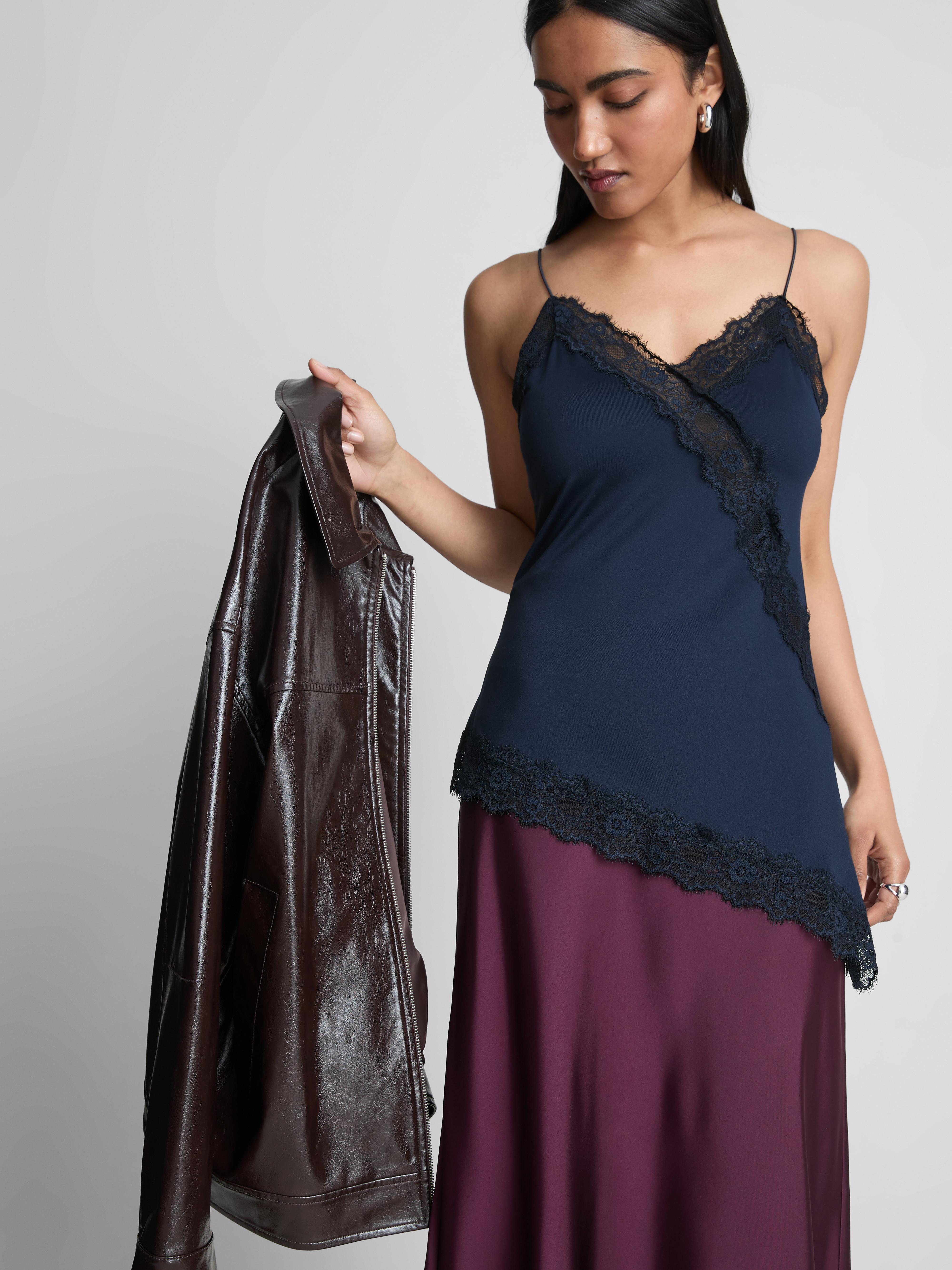 Women's Navy Asymmetric Lace Cami Top