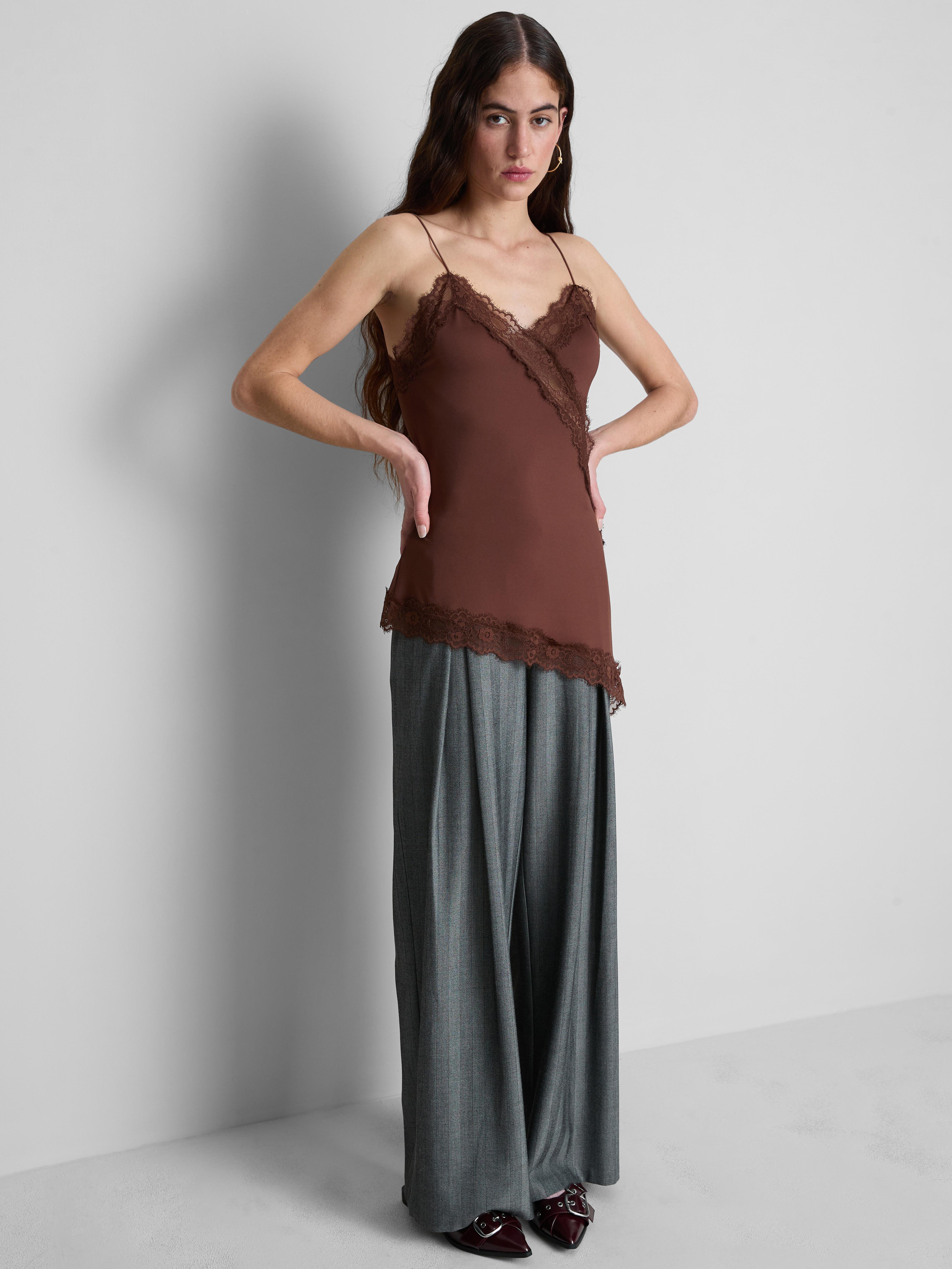 Women's Chocolate Asymmetric Lace Cami Top