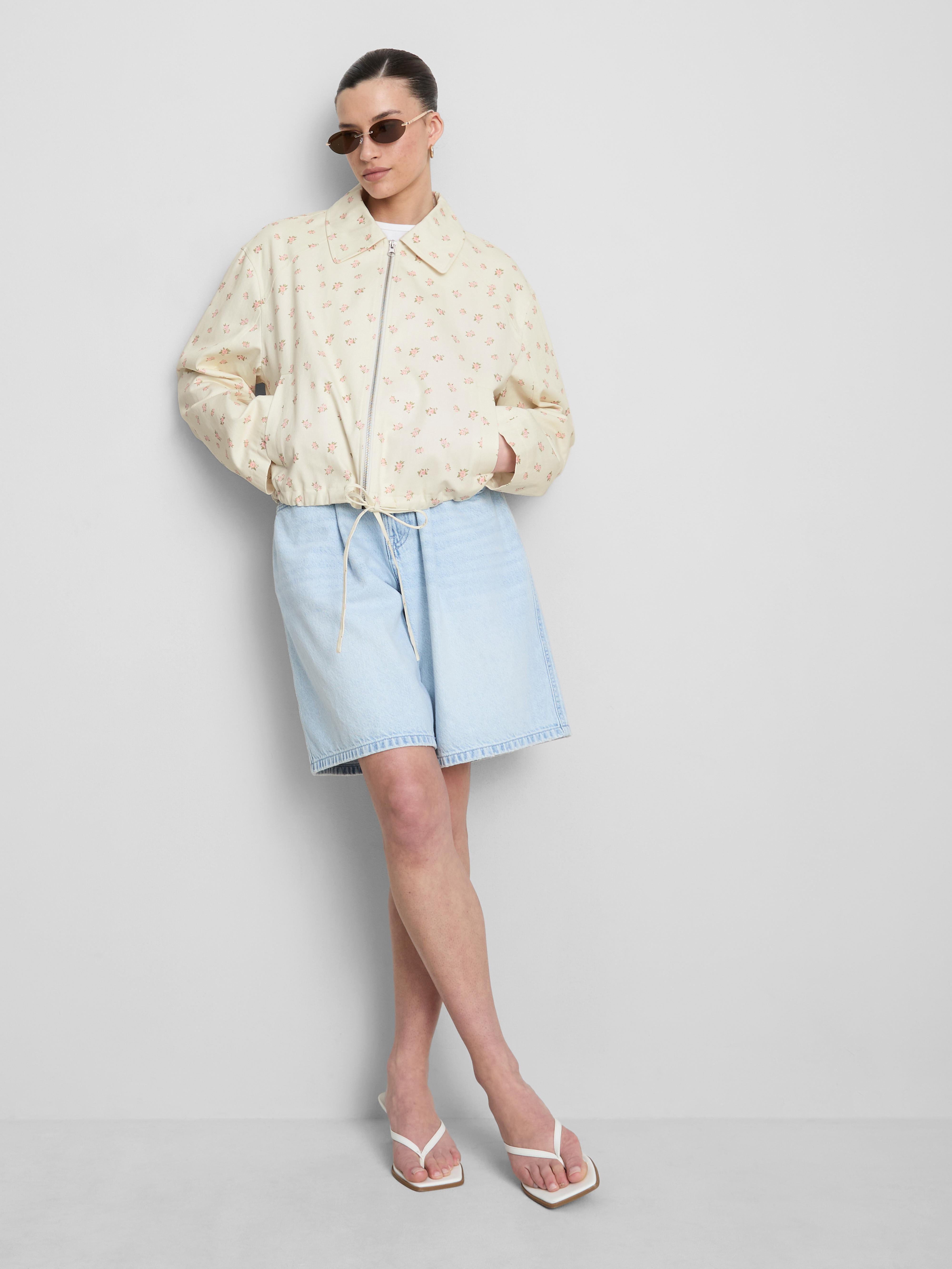 Cotton Floral Printed Collared Jacket