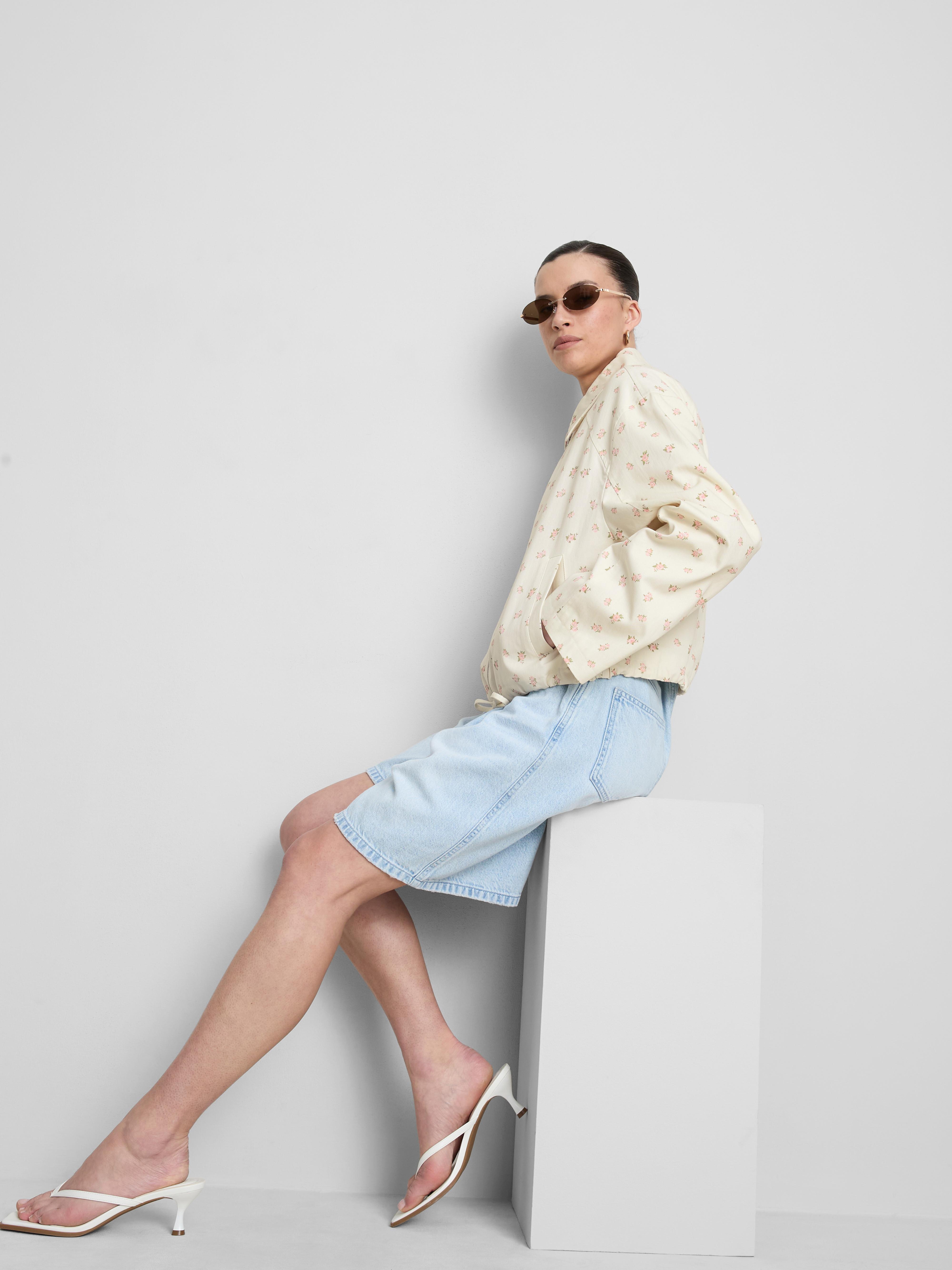 Cotton Floral Printed Collared Jacket