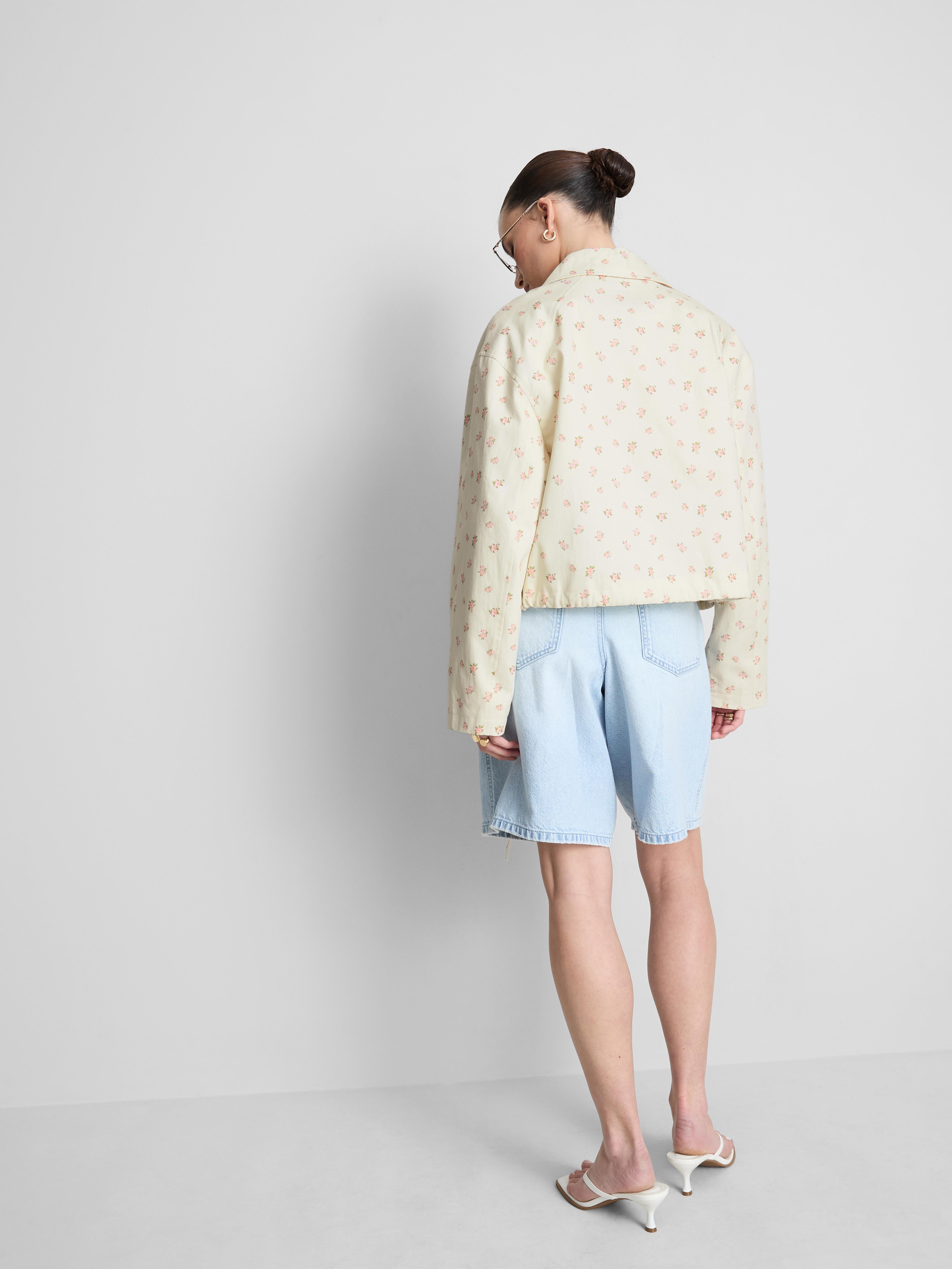 Cotton Floral Printed Collared Jacket