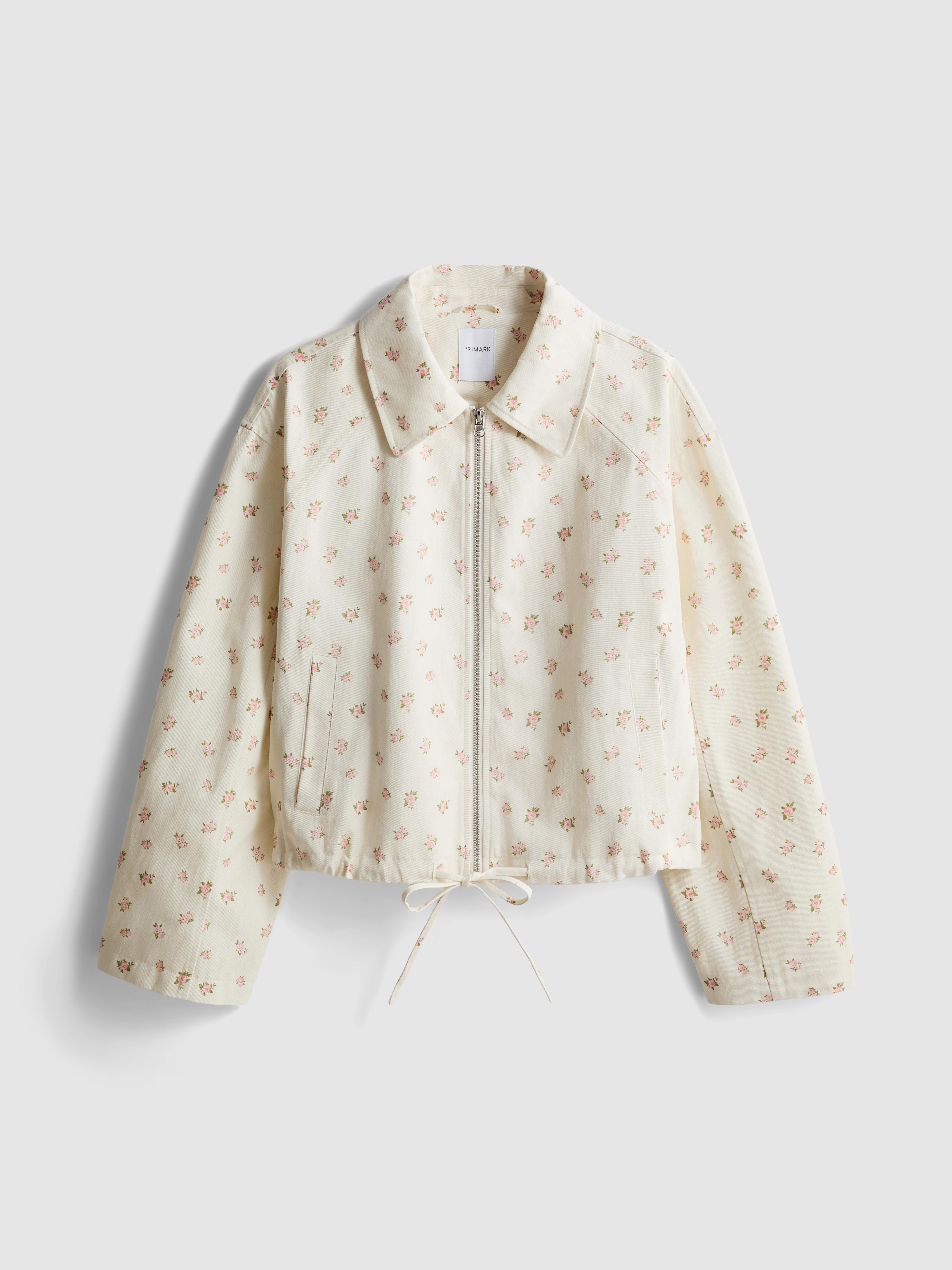 Cotton Floral Printed Collared Jacket