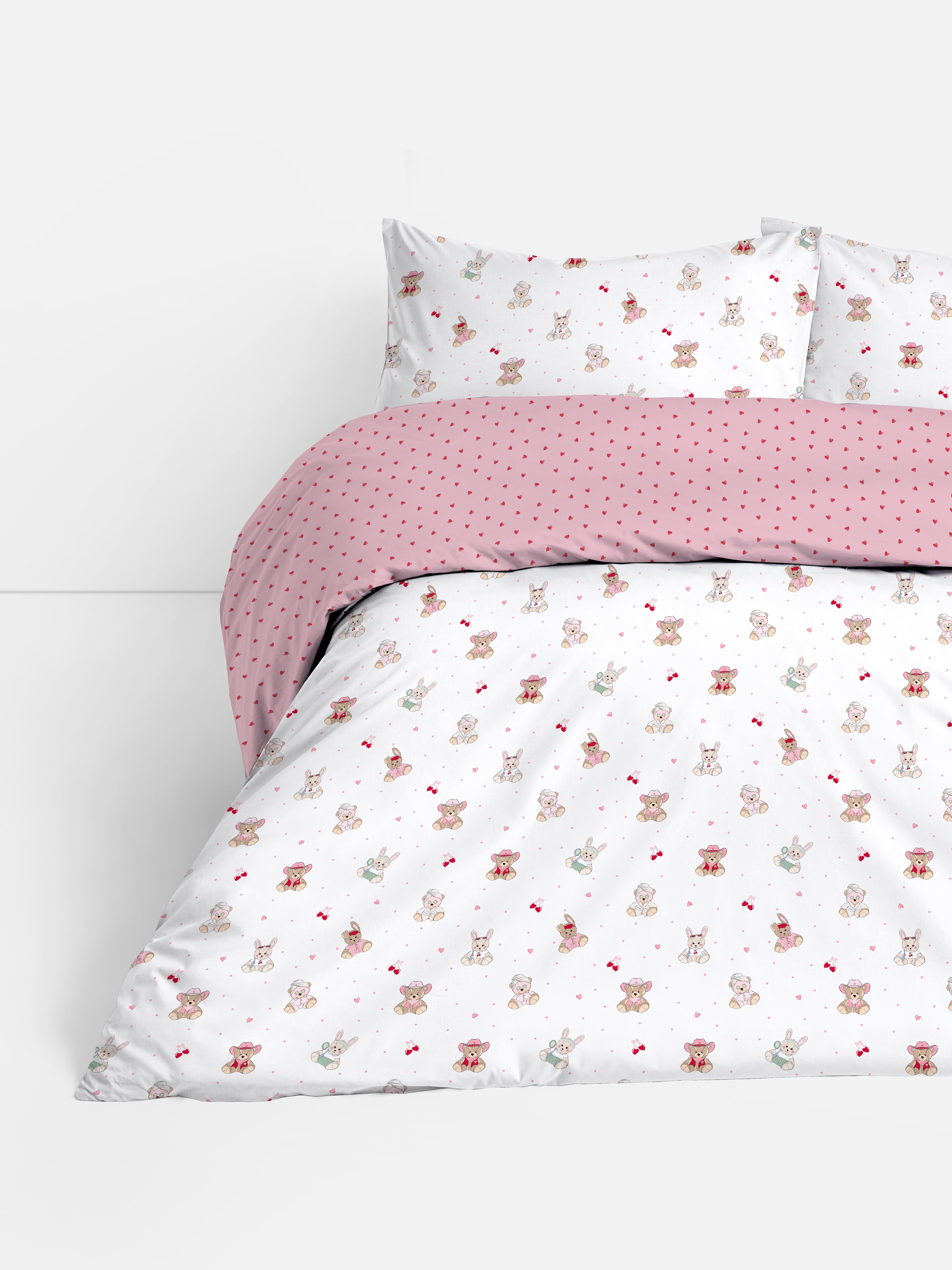 Parure de lit à motif oursons en peluche et cœurs