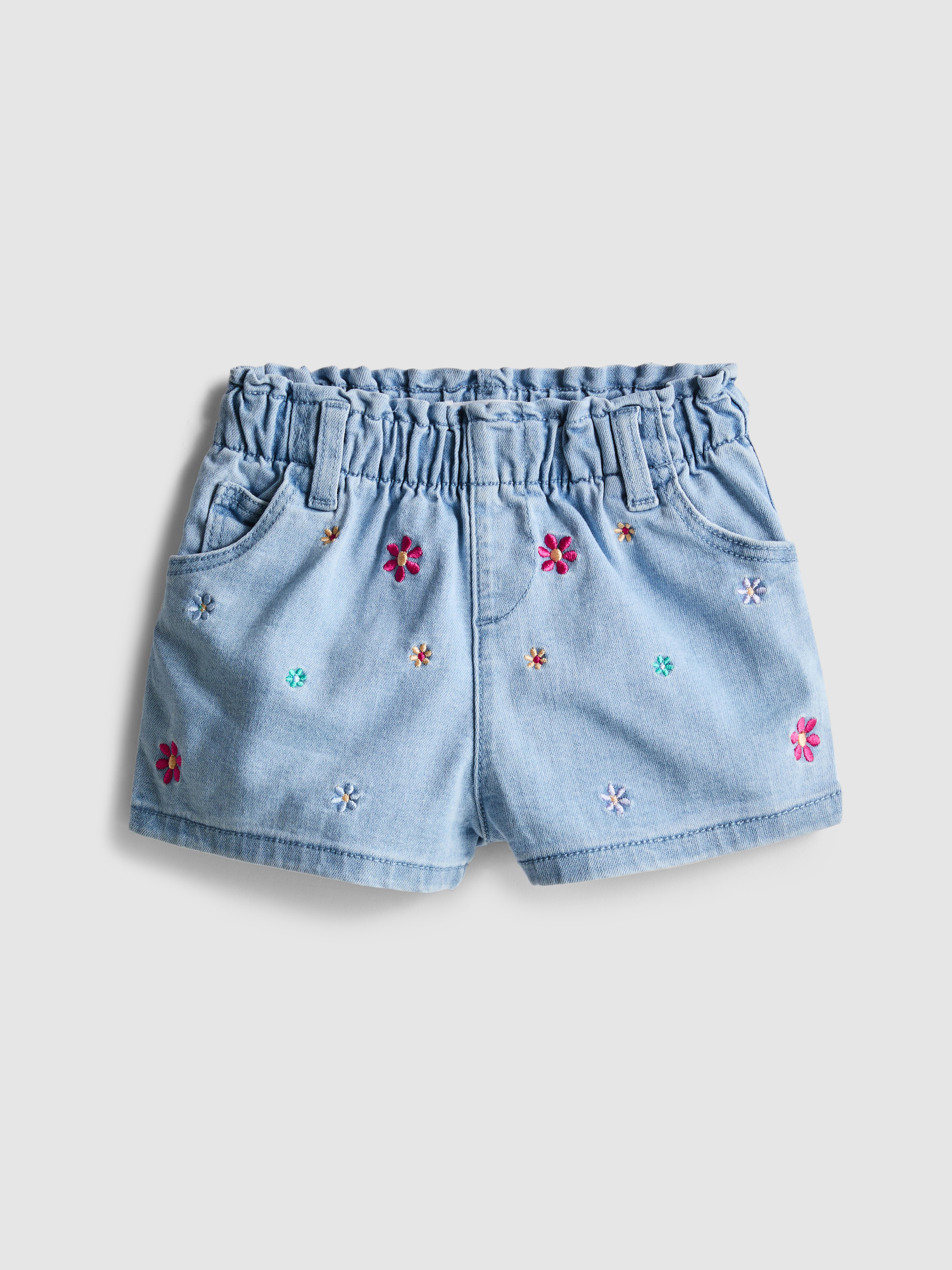0–36 Monate | Jeansshorts mit Gänseblümchenstickerei und Paperbag-Bund