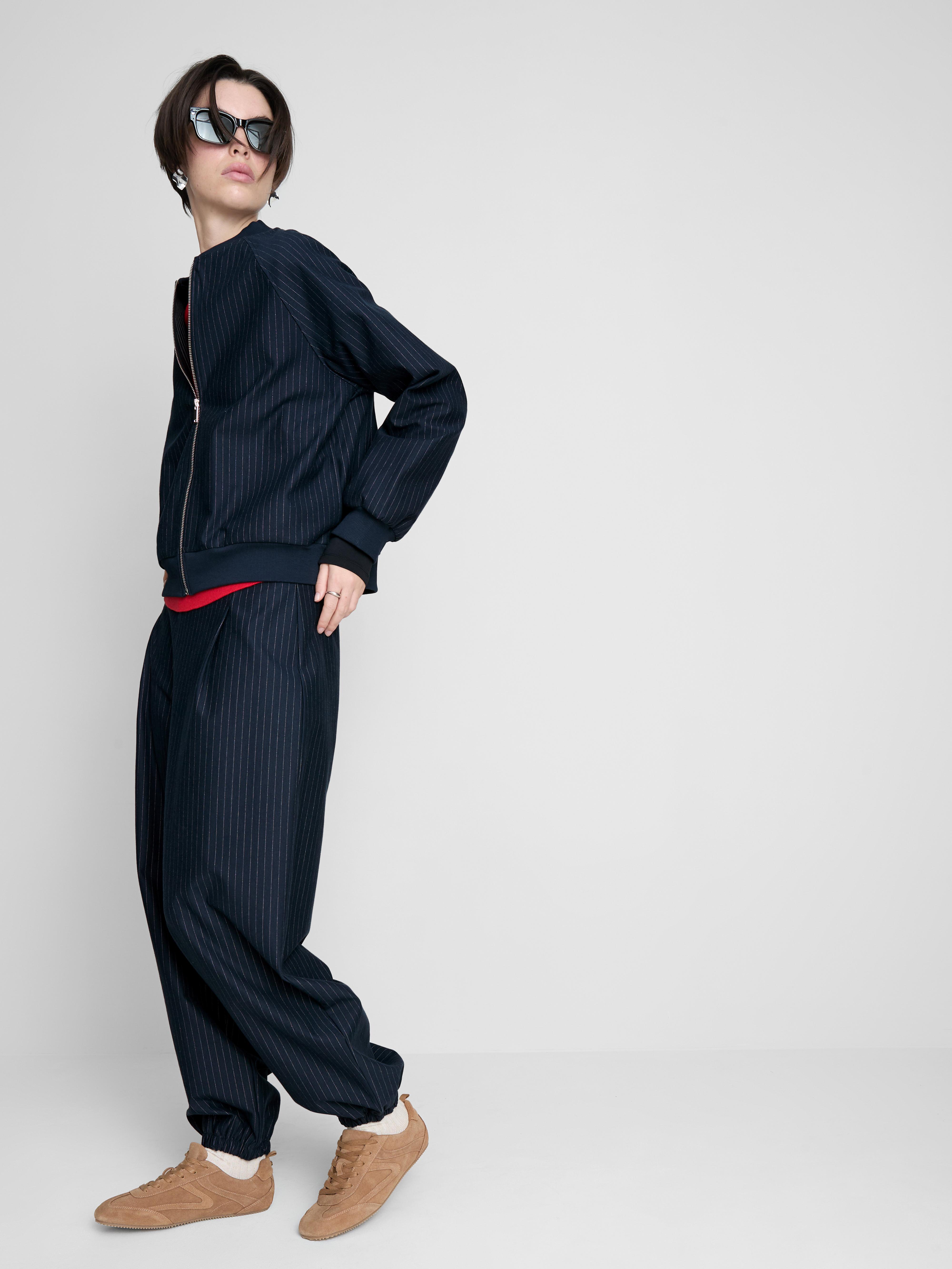 Women's Navy Pinstripe Zip-Up Bomber Jacket