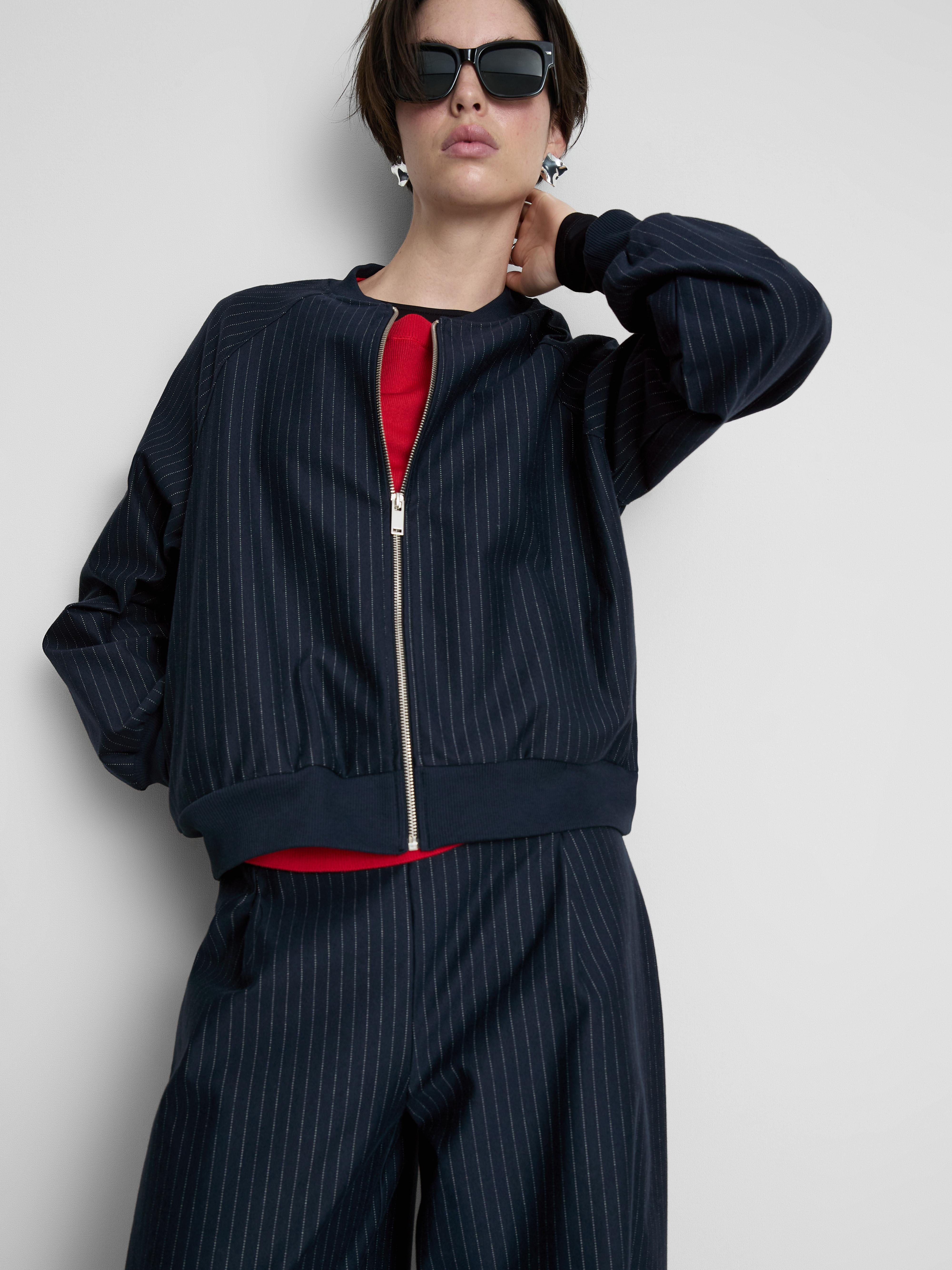 Women's Navy Pinstripe Zip-Up Bomber Jacket