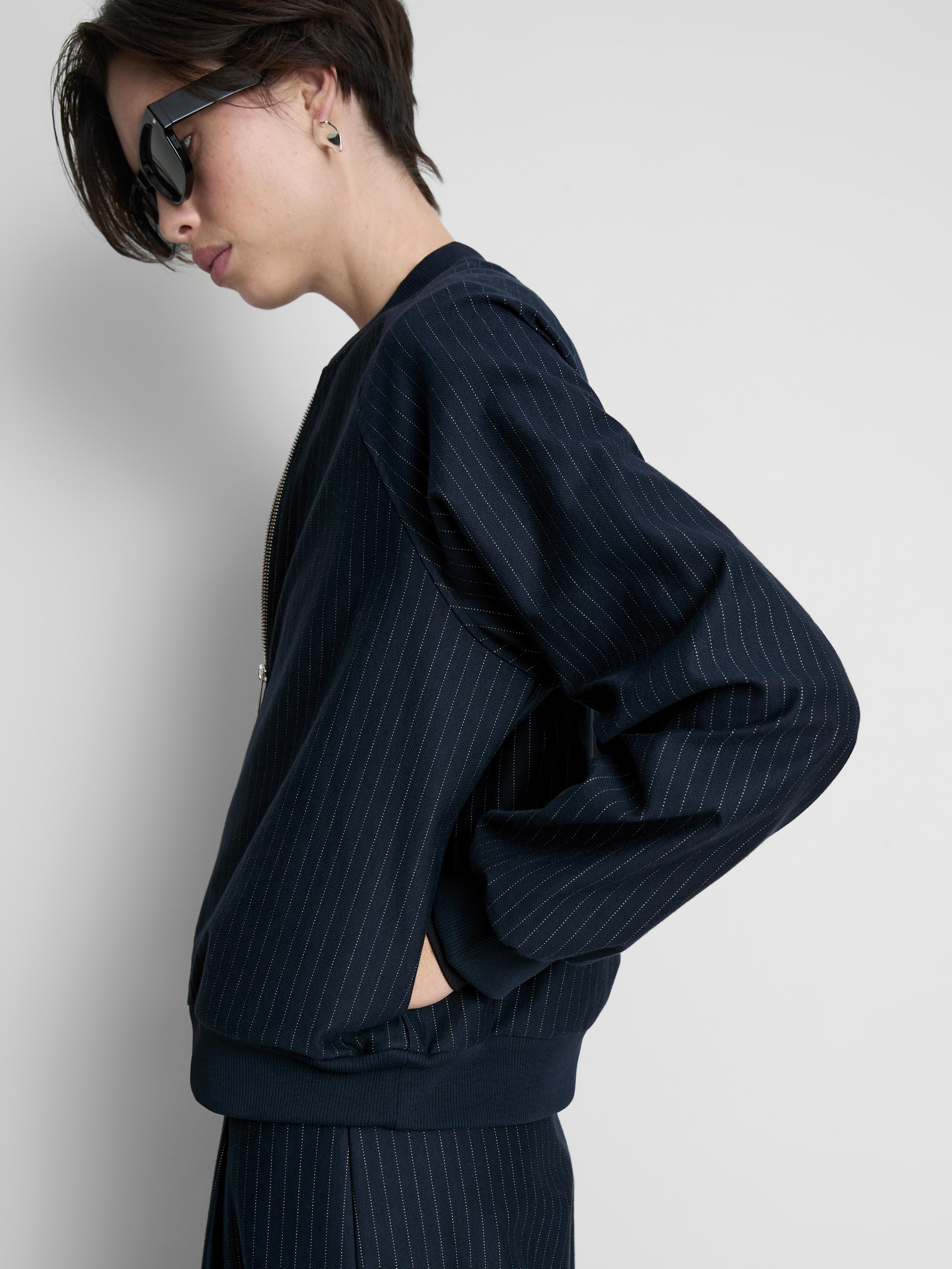 Women's Navy Pinstripe Zip-Up Bomber Jacket