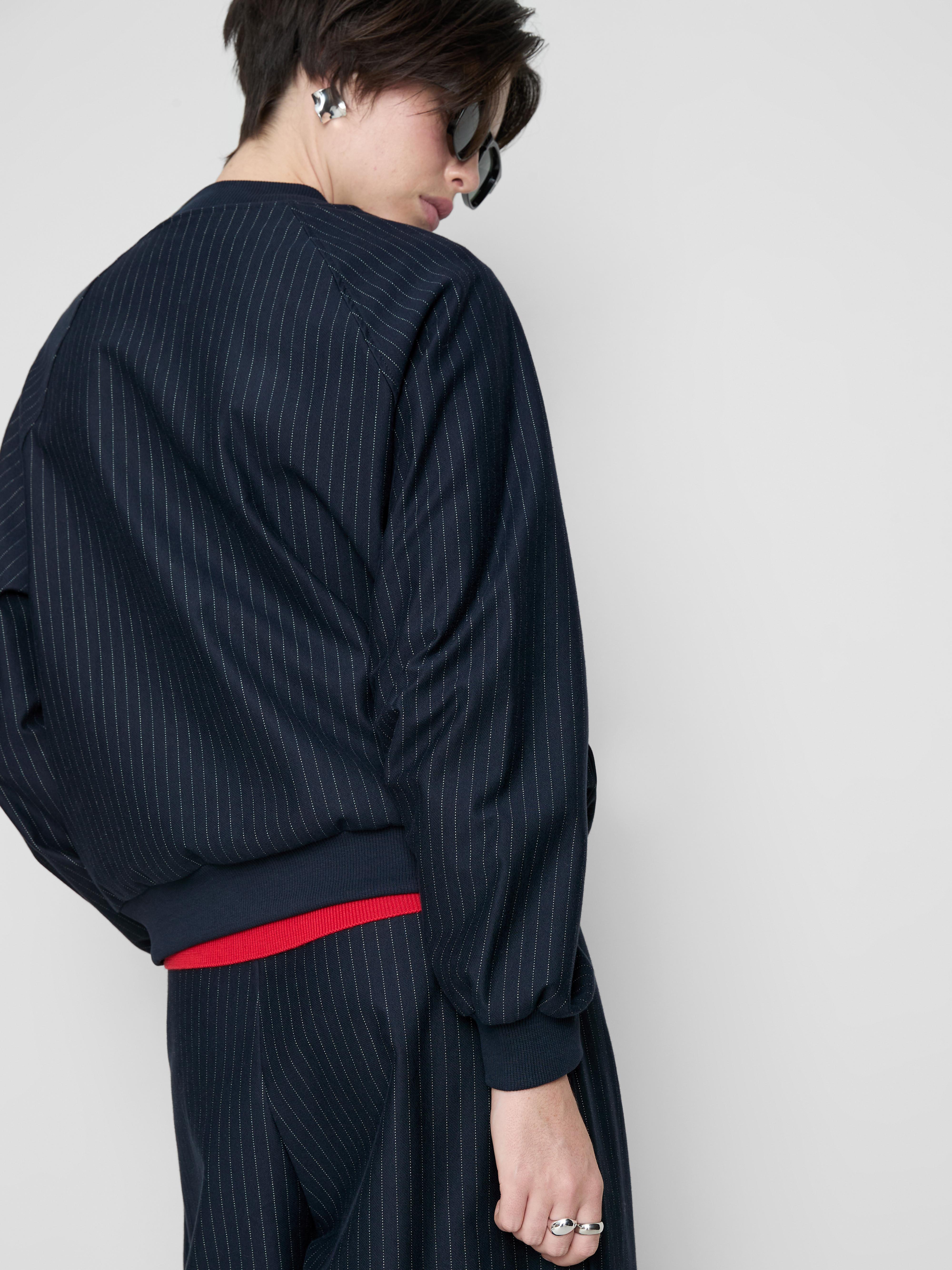 Women's Navy Pinstripe Zip-Up Bomber Jacket