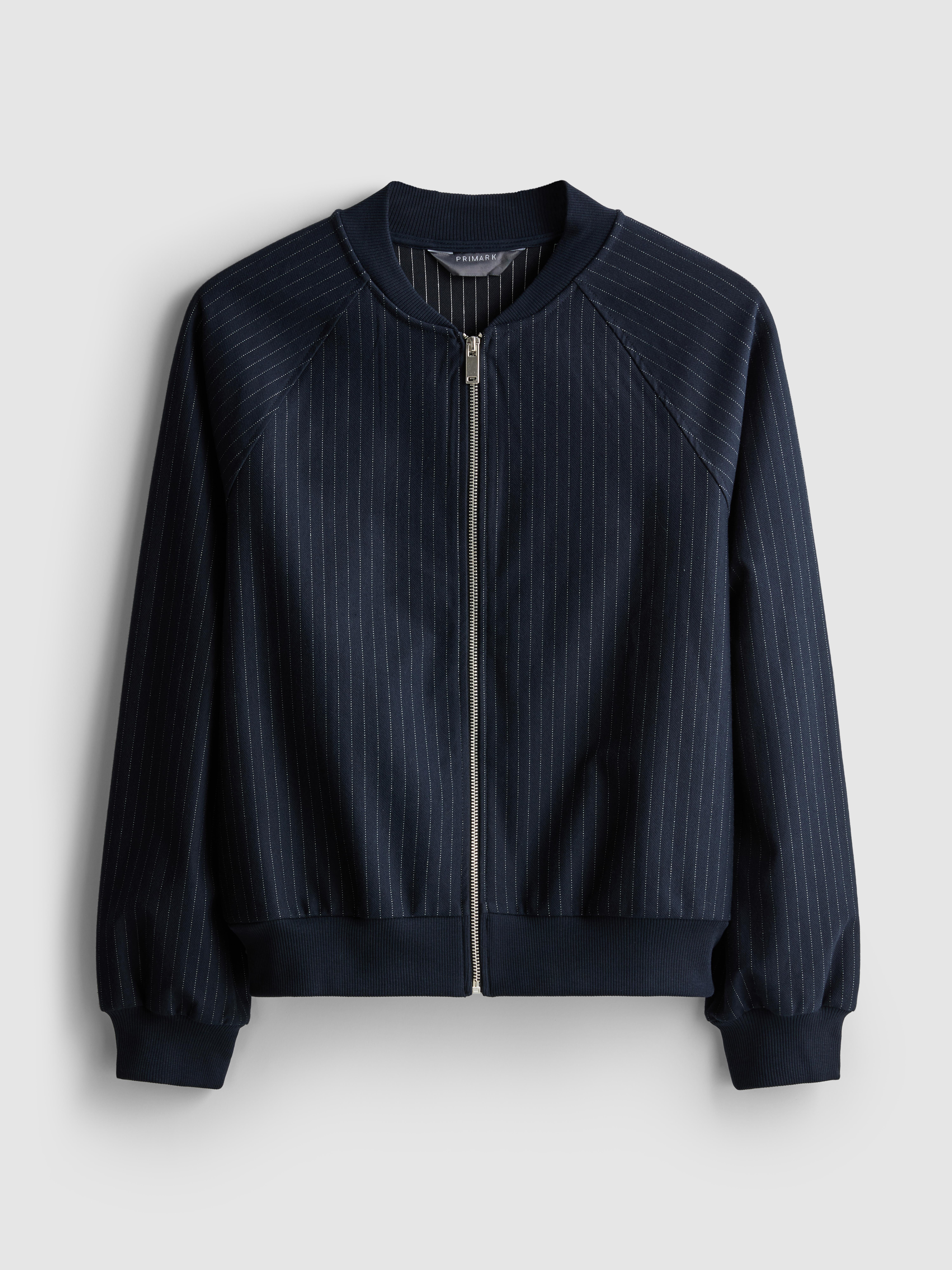 Women's Navy Pinstripe Zip-Up Bomber Jacket