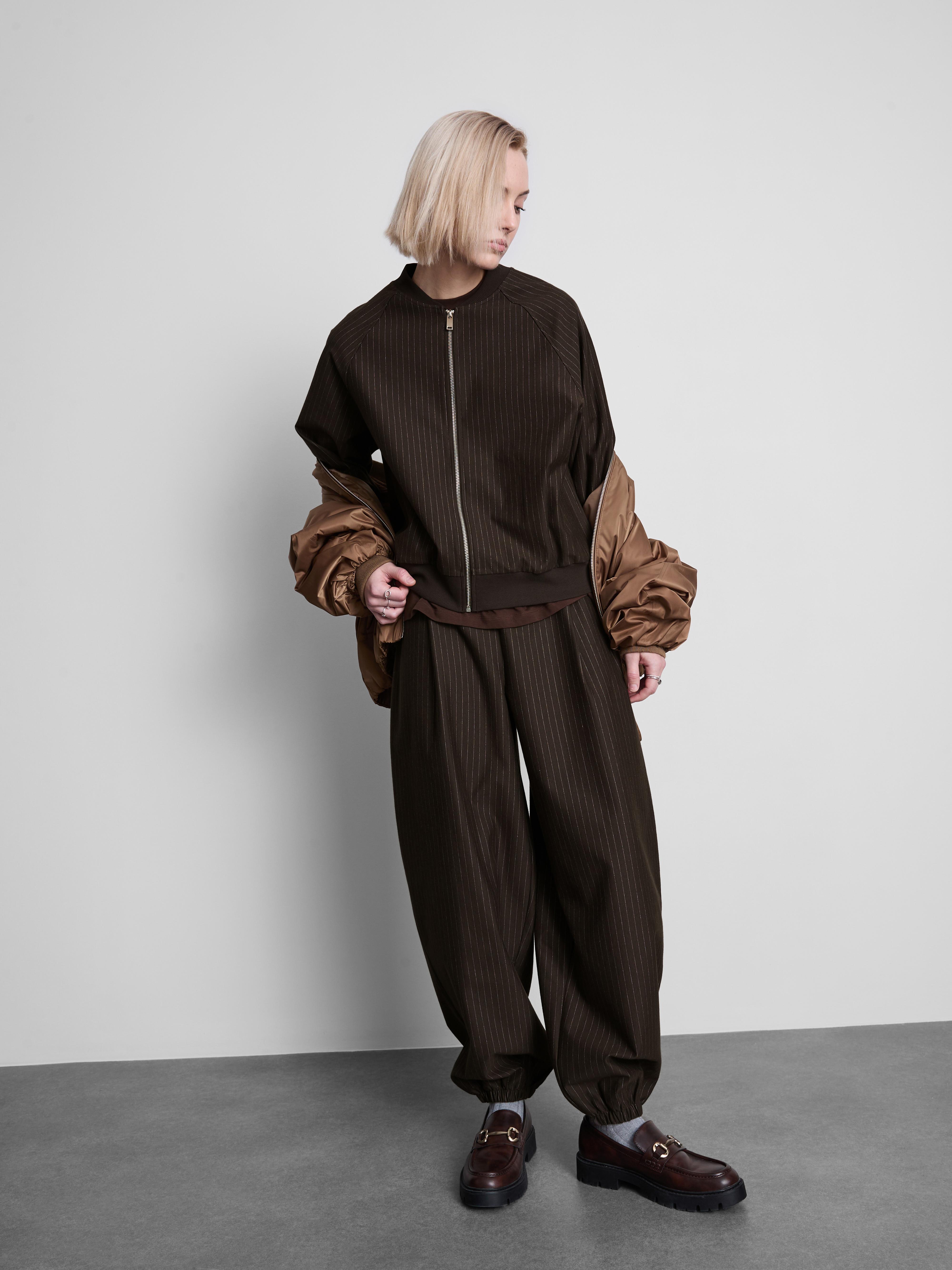 Women's Chocolate Pinstripe Zip-Up Bomber Jacket