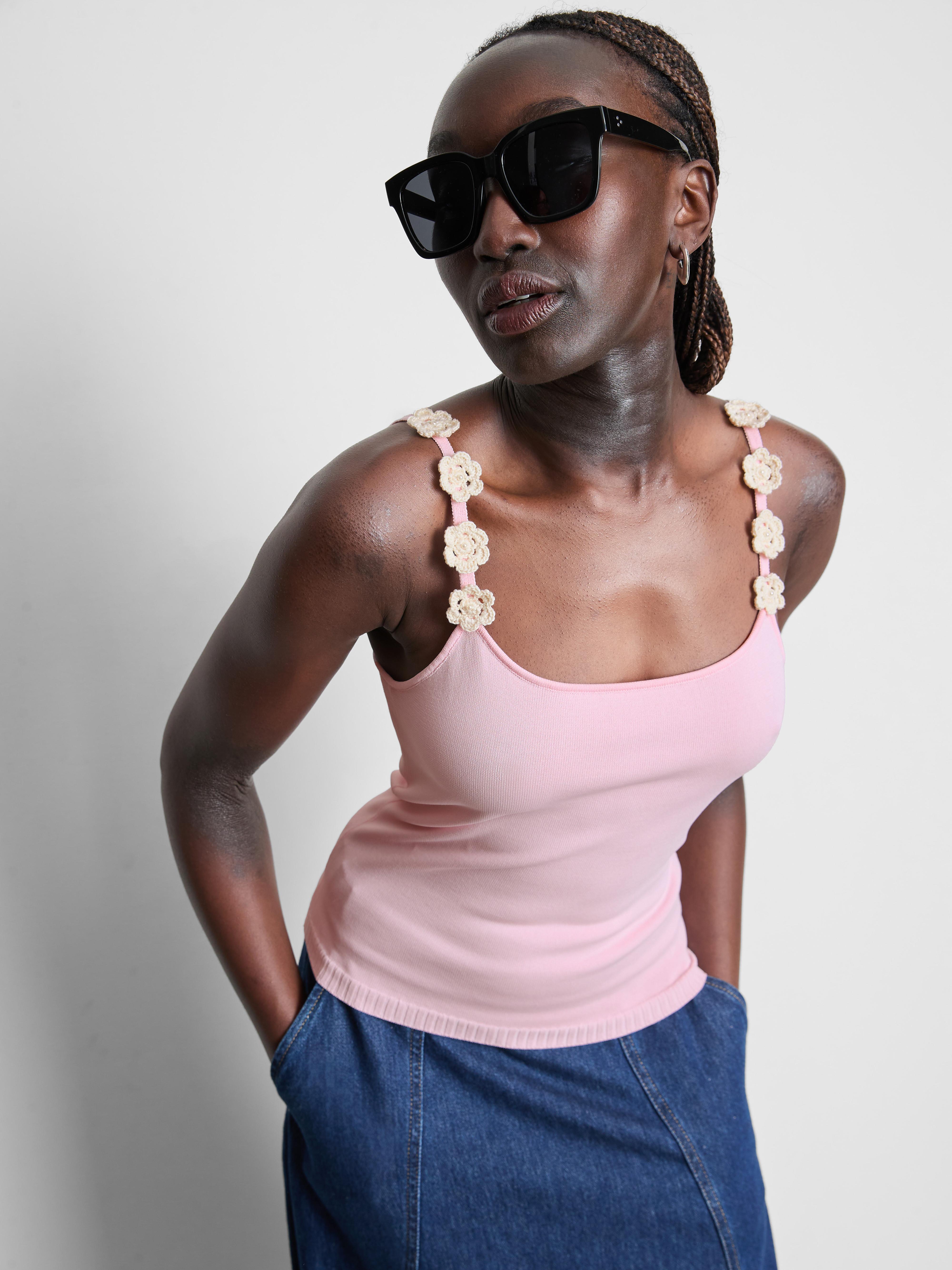 Women's Pink Knitted Floral Applique Tank Top | Penneys