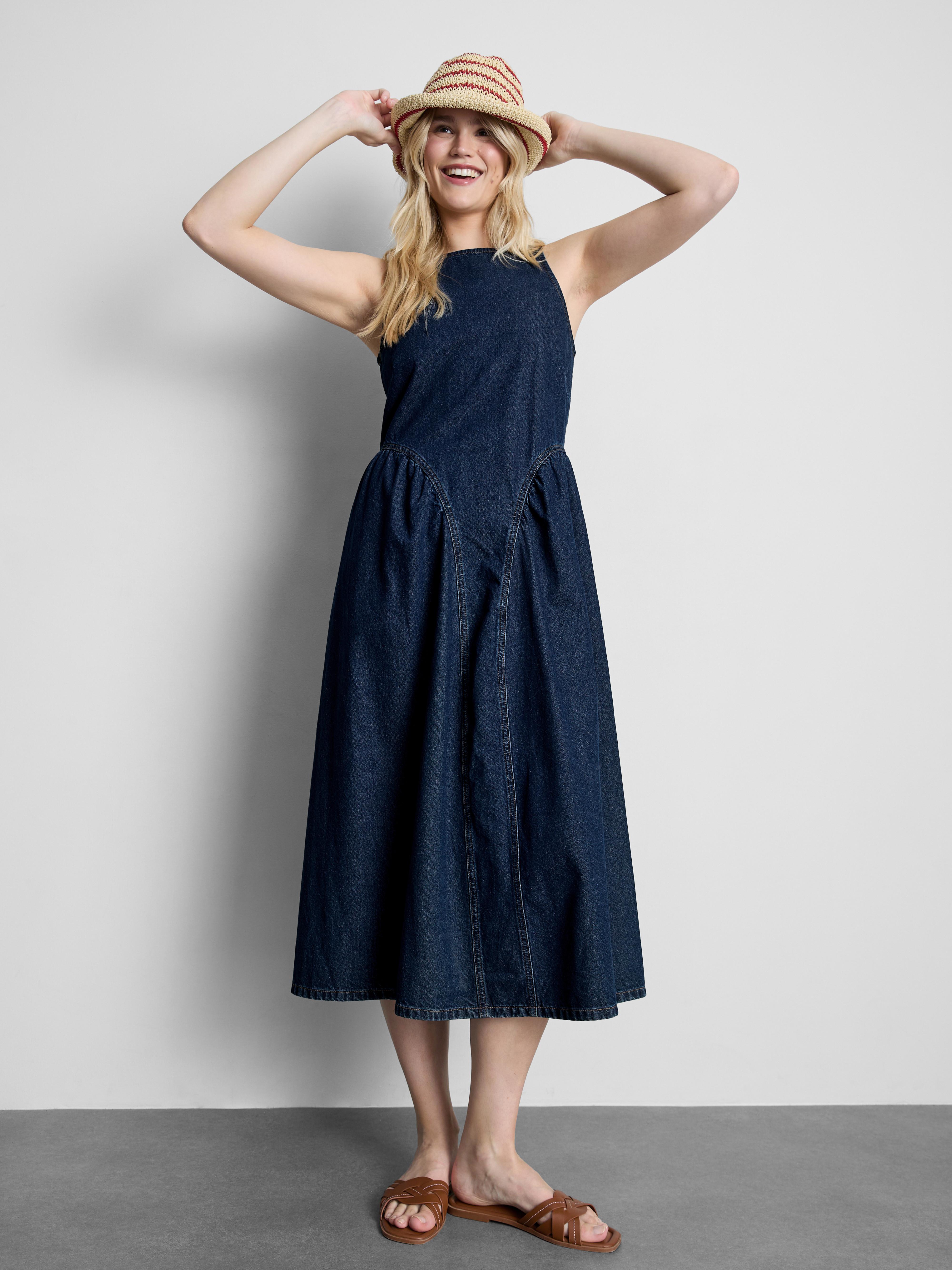 Women's Indigo Cotton Denim Drop Waist Midi Dress | Primark