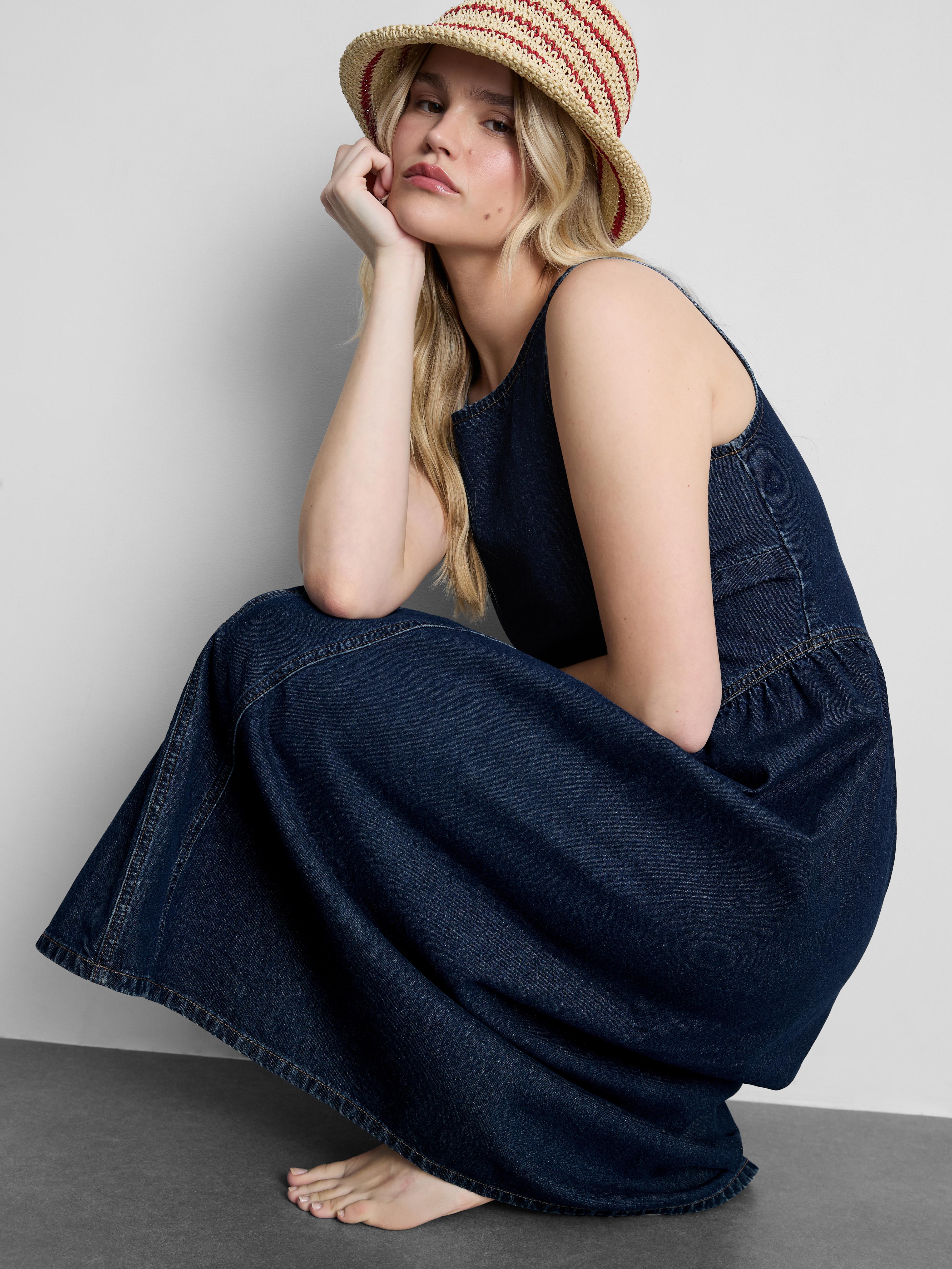 Women's Indigo Cotton Denim Drop Waist Midi Dress | Primark