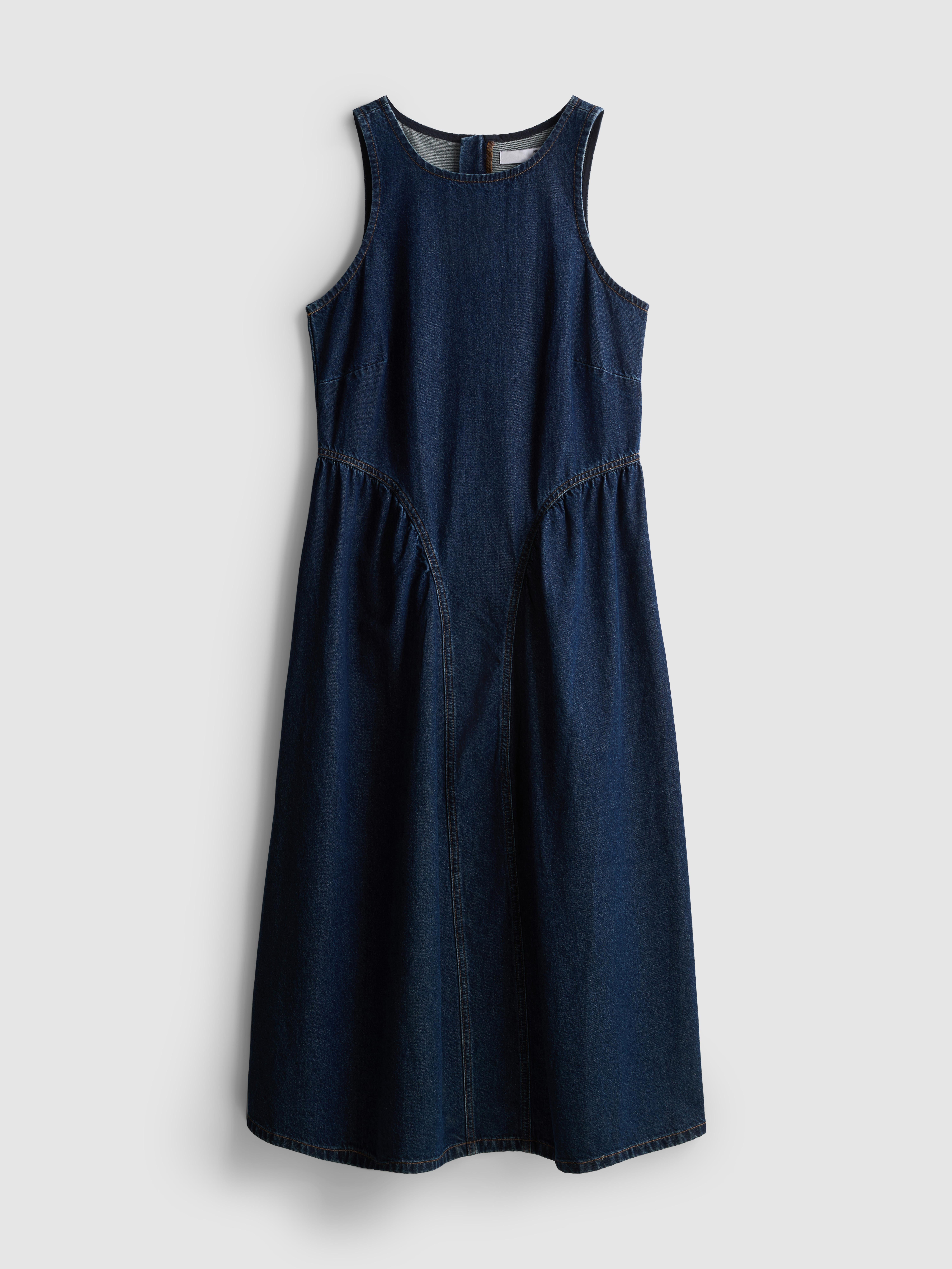 Cotton Denim Drop Waist Midi Dress