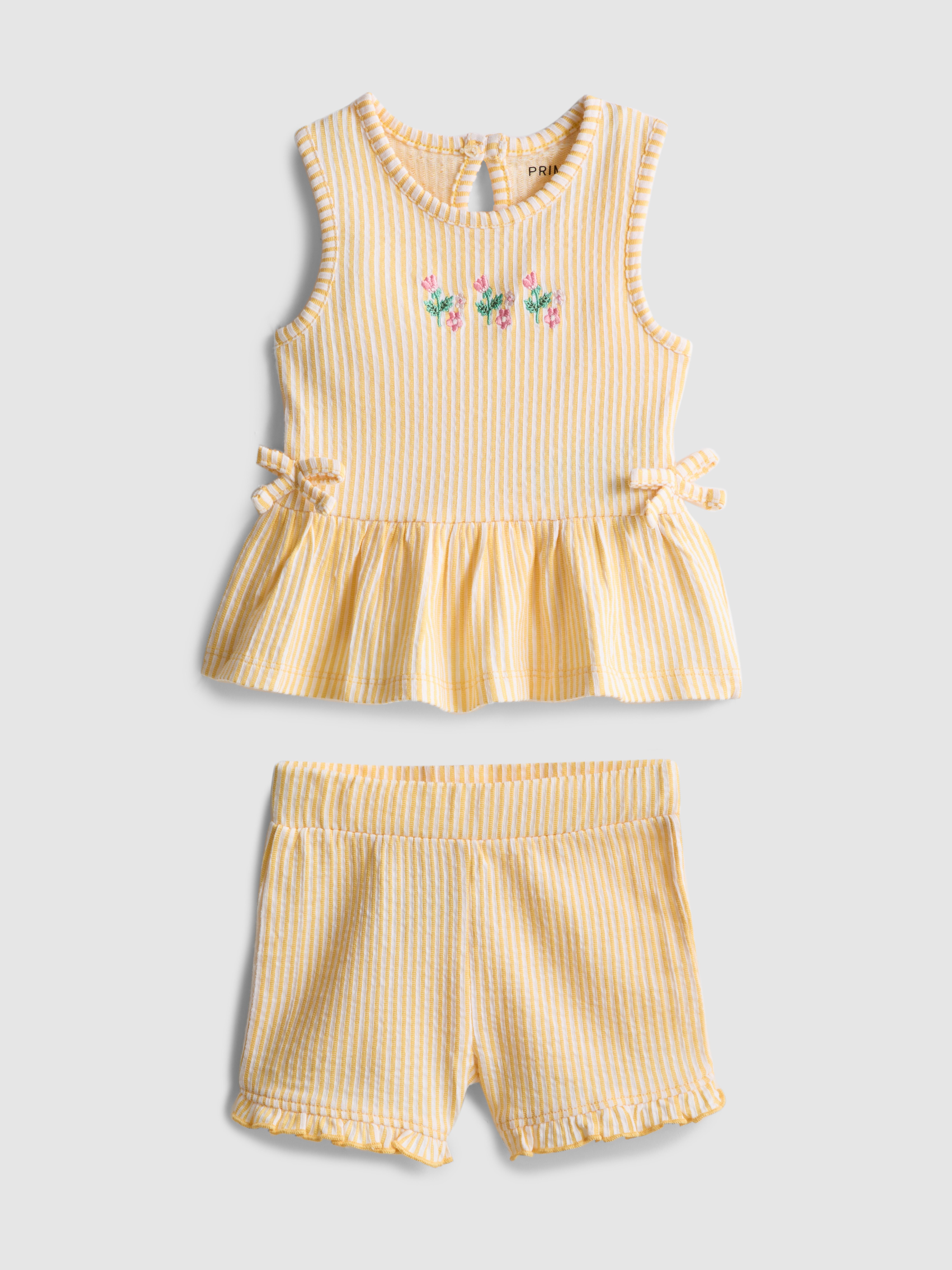 0-36mths | Floral Embroidered Peplum-Hem Top and Shorts Set