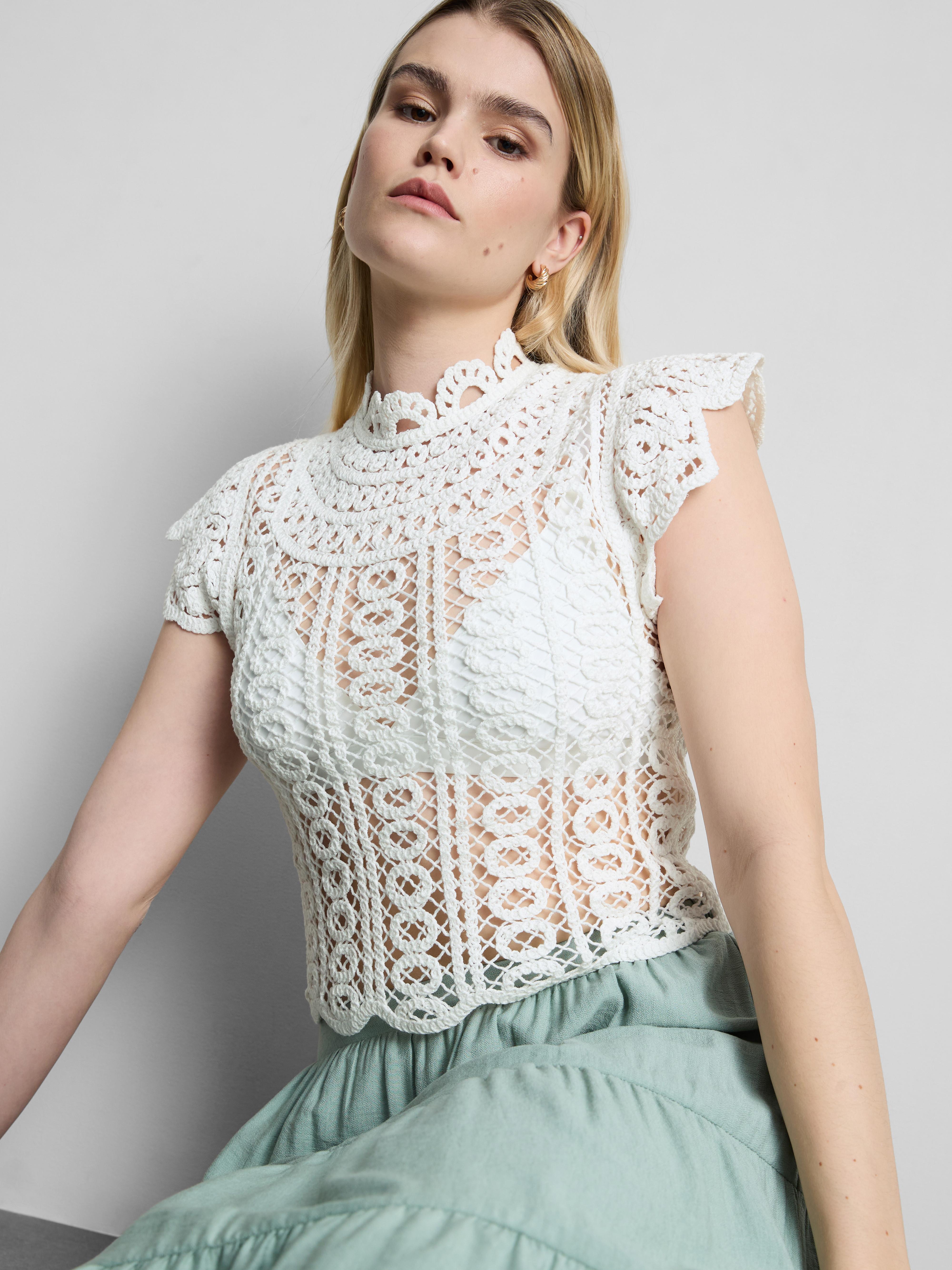 High-Neck Flutter-Sleeve Crochet Top