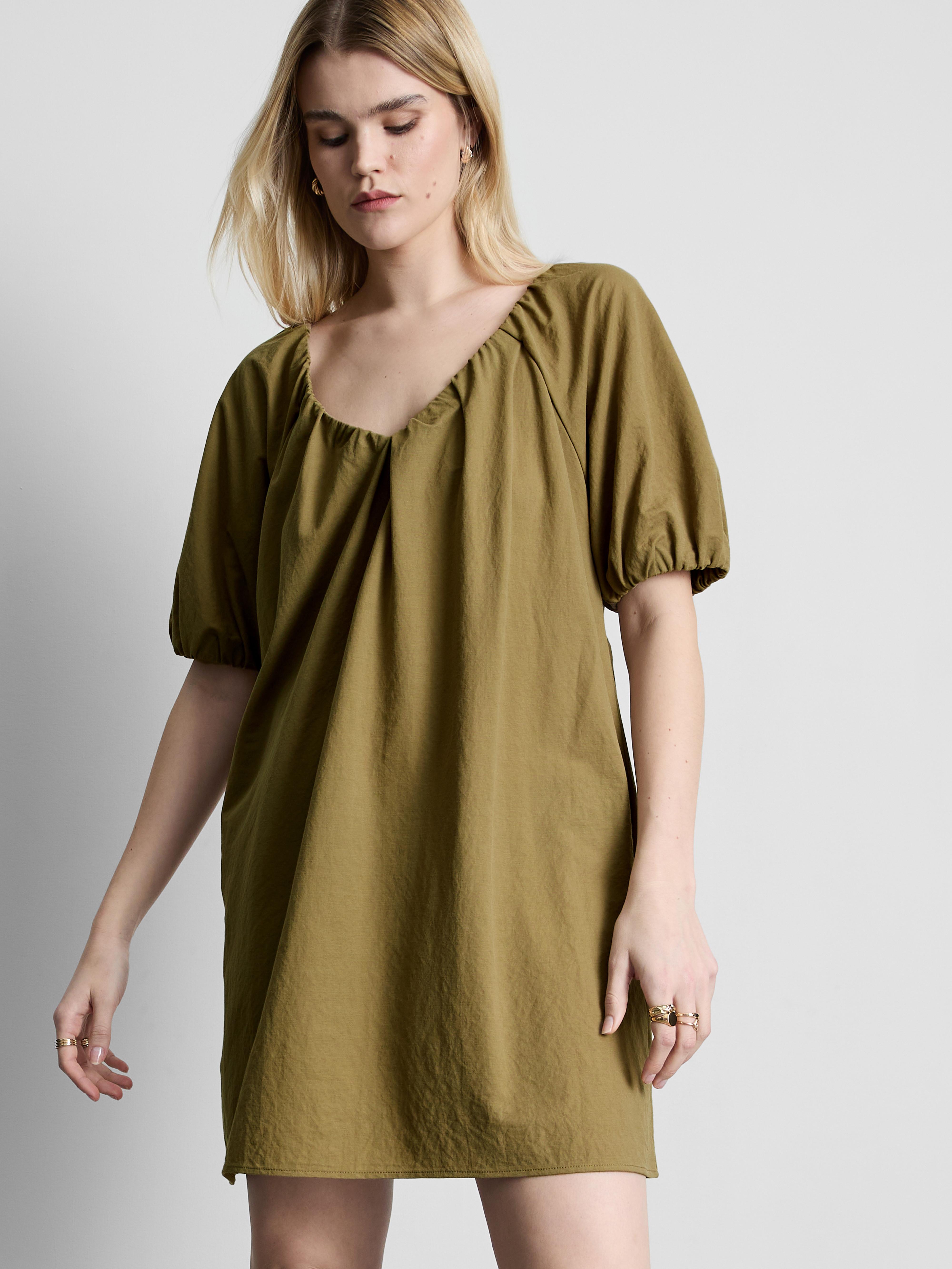 Women's Olive Puff-Sleeve Mini Smock Dress | Primark