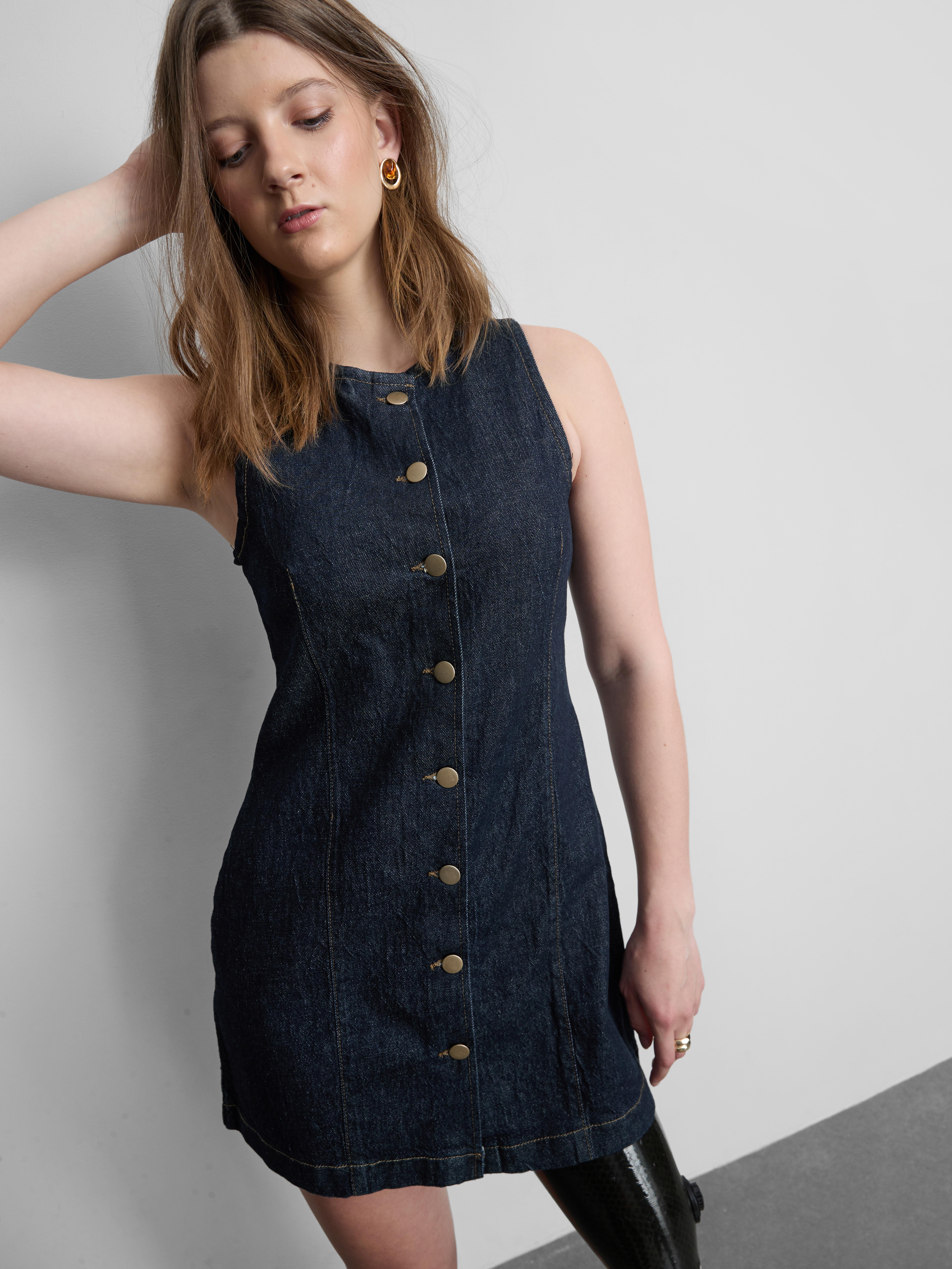 denim shirt dress primark Women's Indigo Cotton Denim Button Down Mini Dress