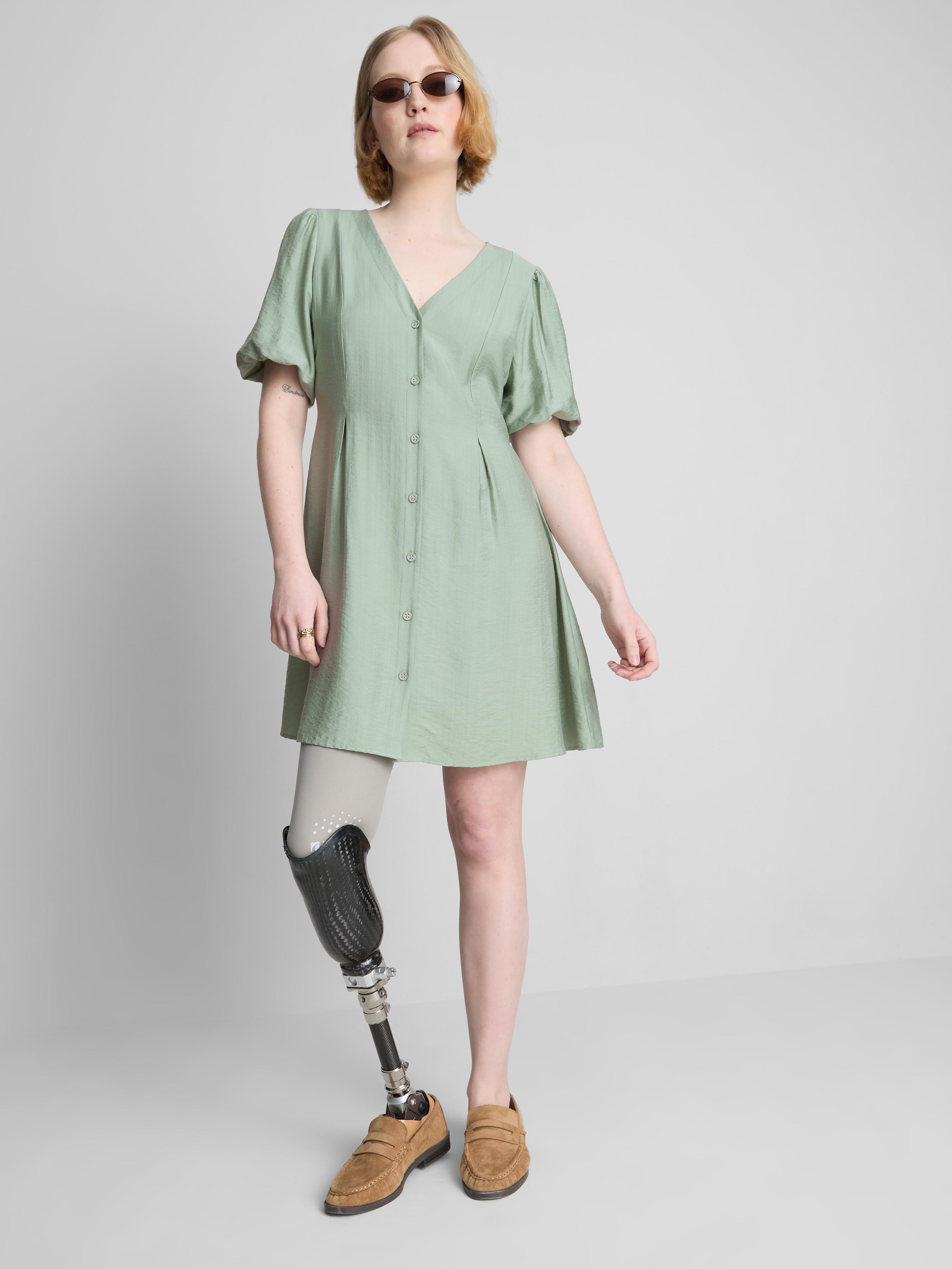 Button Through Puff Sleeve Mini Dress